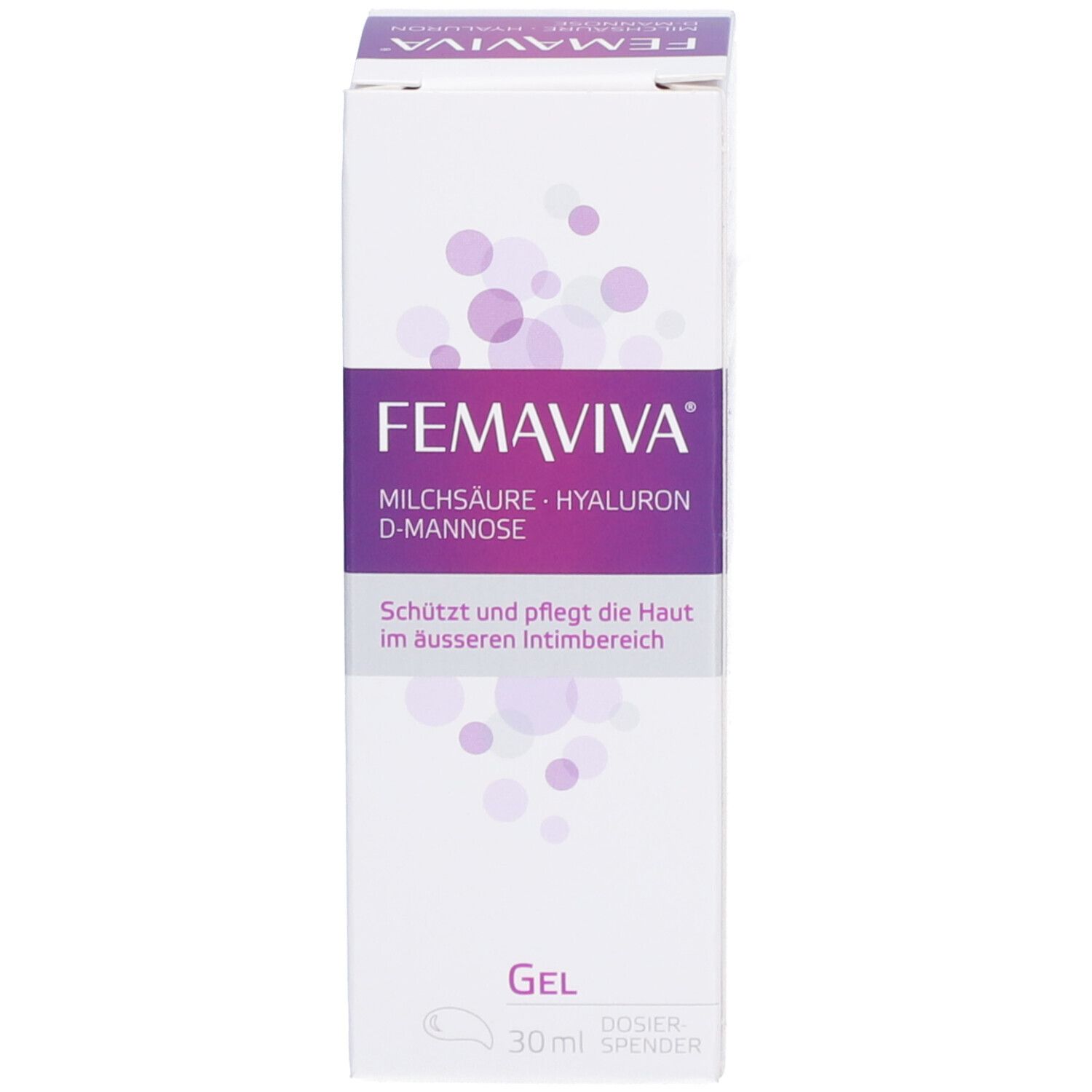 Emballage de gel FEMAVIVA. Contient de l'acide lactique, de l'hyaluron et du D-mannose. Gel pour la zone intime externe.