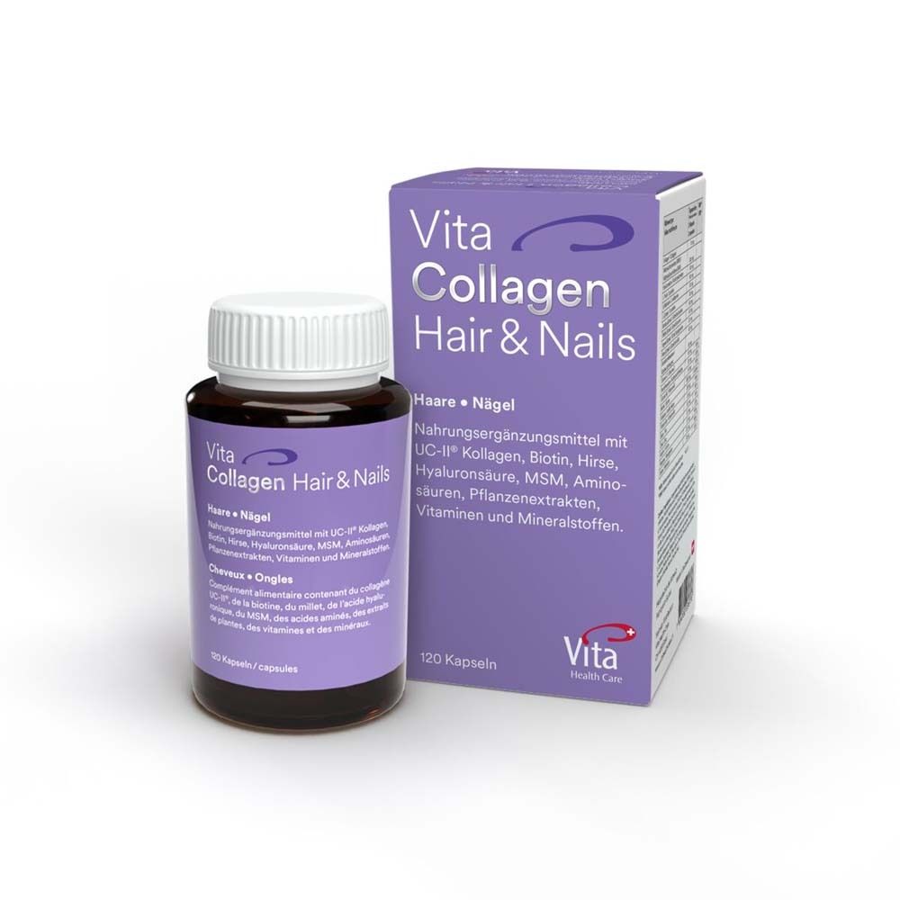 Flacon brun et boîte "Vita Collagen Hair & Nails". 120 gélules. Logo Vita.