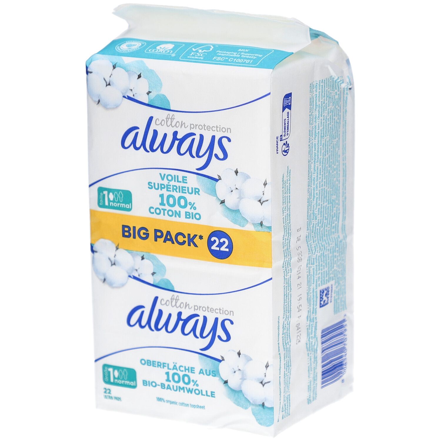 ALWAYS Ultra serviettes BigPack 22 pièces. Emballage avec informations produit. Vue de face.