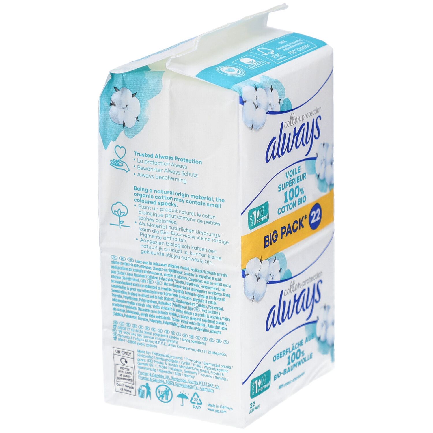 ALWAYS Ultra serviettes BigPack 22 pièces. Emballage avec informations produit. Vue latérale.