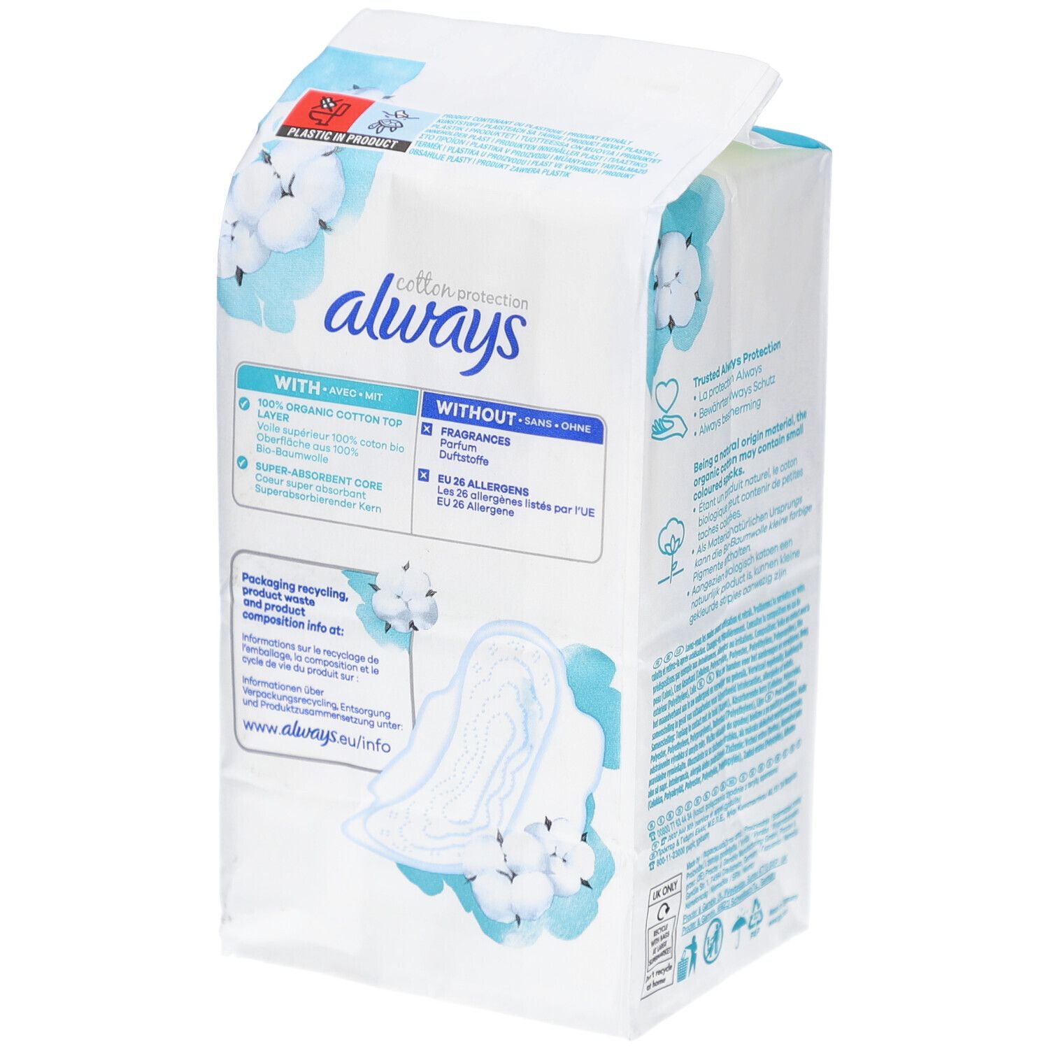 ALWAYS Ultra serviettes sans parfum. Emballage avec informations et illustration du produit.