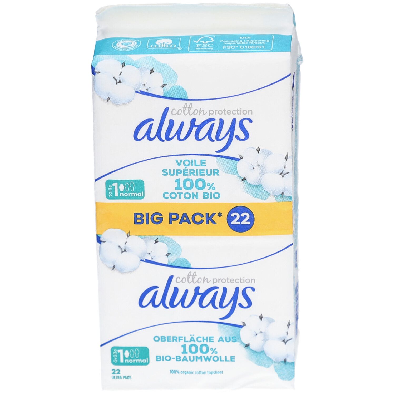 ALWAYS Ultra serviettes BigPack 22 pièces. Emballage avec informations produit. Vue de face.