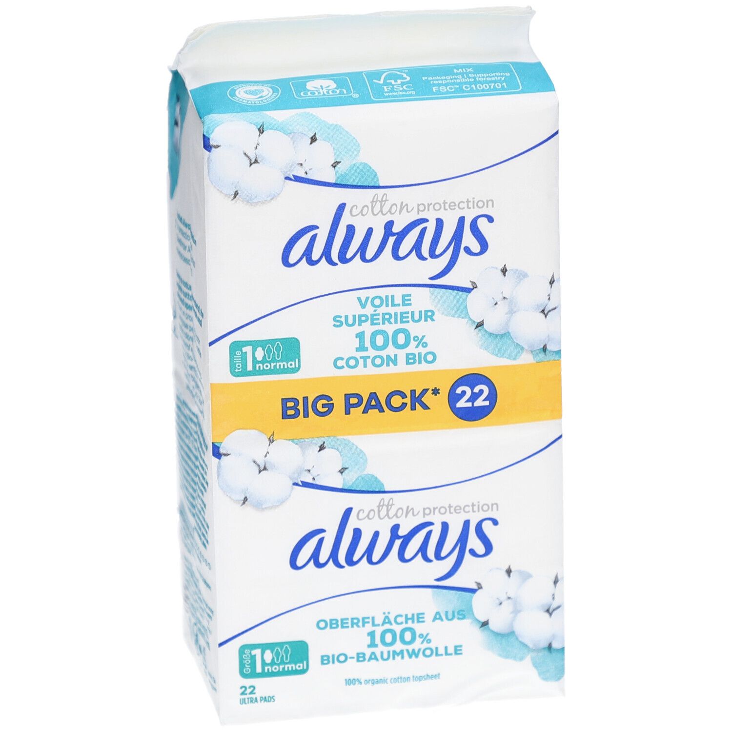 ALWAYS Ultra serviettes BigPack 22 pièces. Emballage avec informations produit. Vue de face.