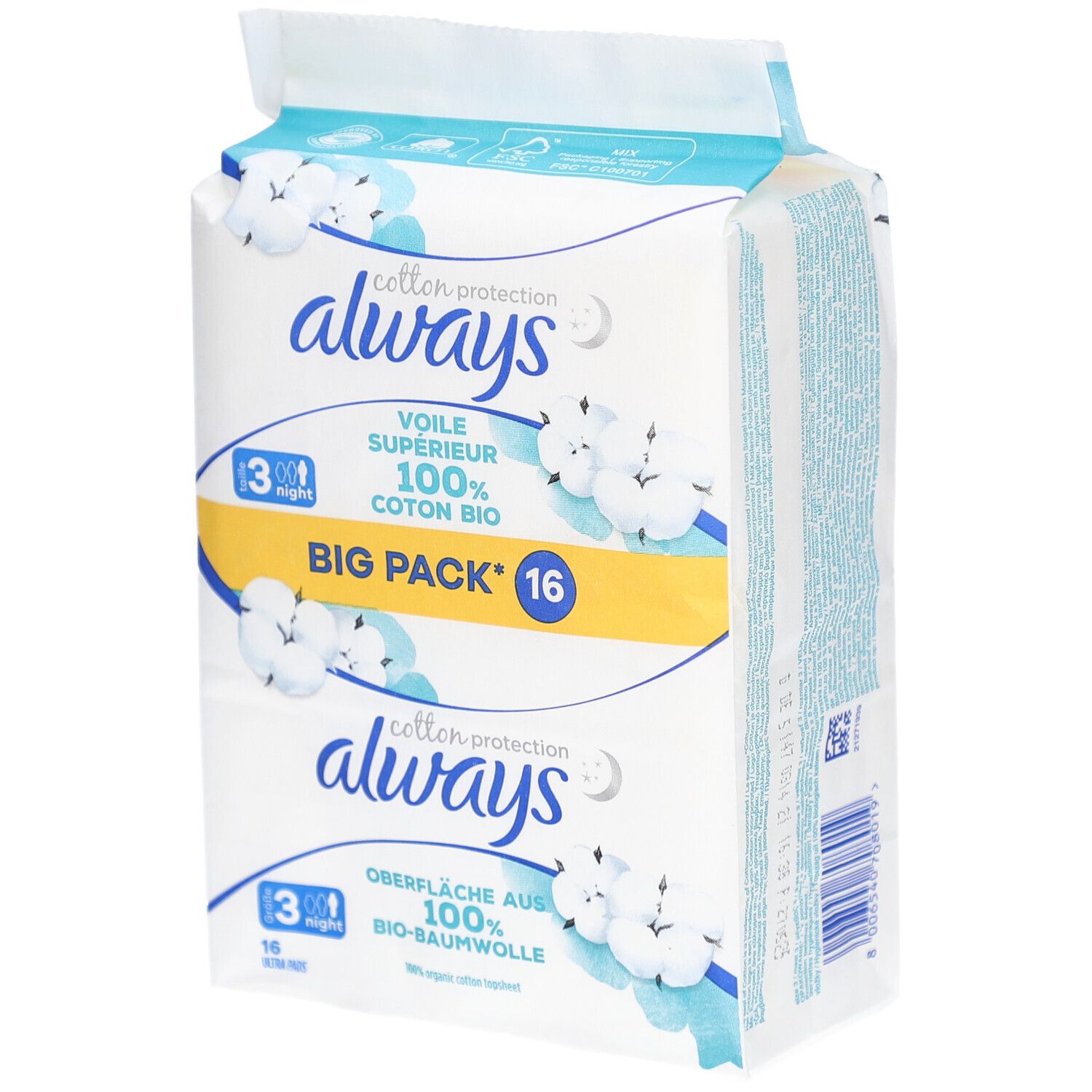 Paquet Always Cotton Protection. Inscription : 100% coton bio, Big Pack 16. Illustrations de coton.