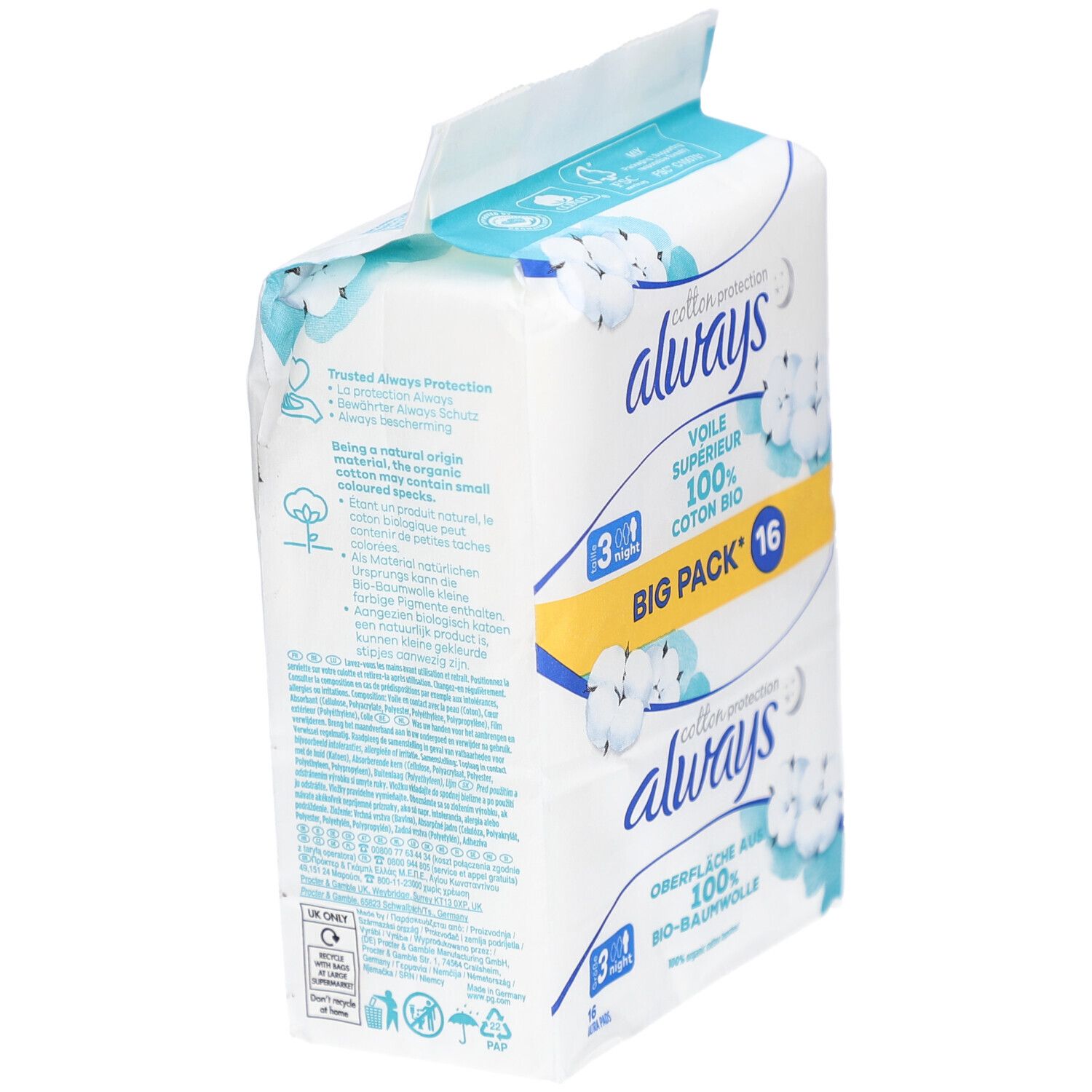 Paquet Always Cotton Protection. Dos avec texte et illustrations de coton. Informations sur les ingrédients.