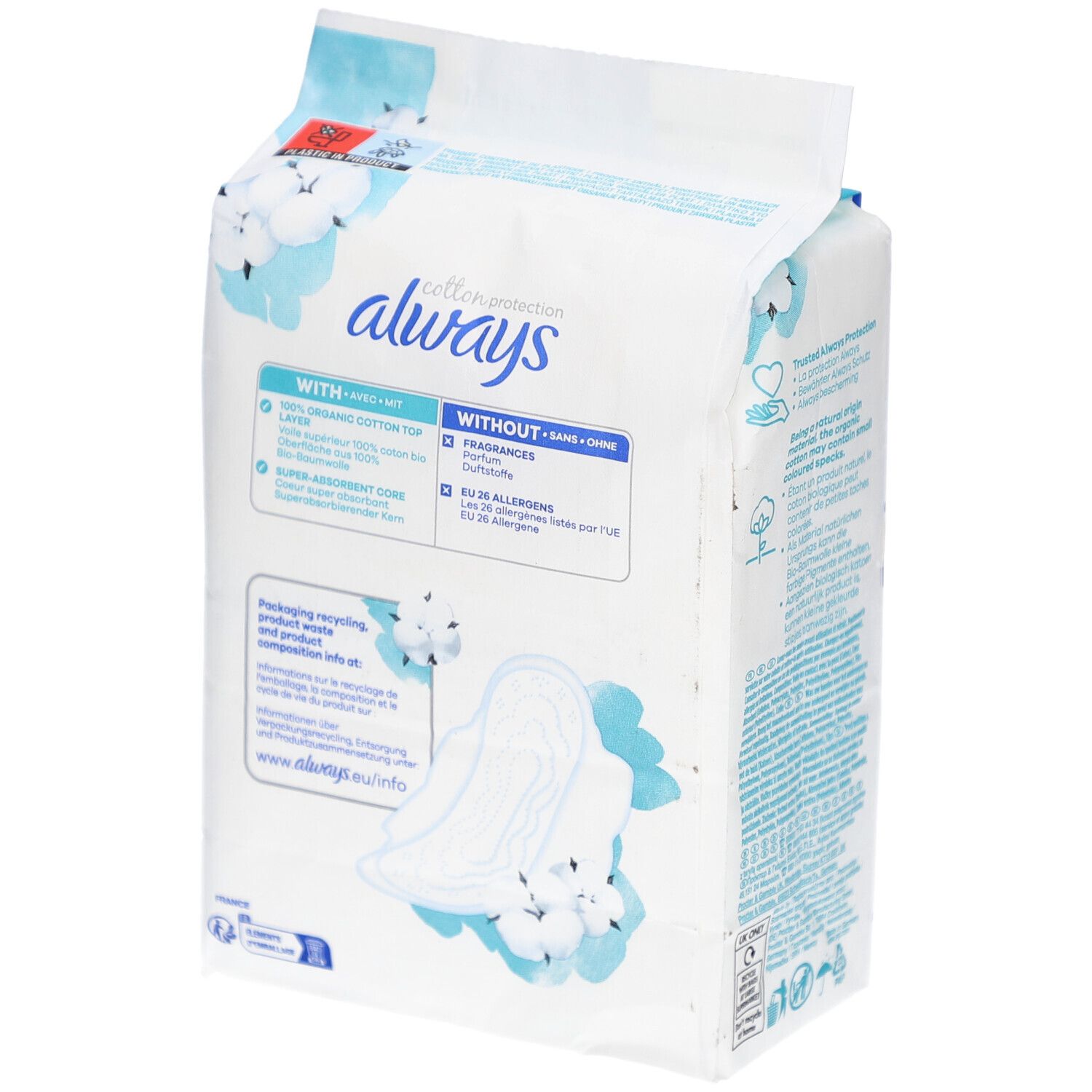 Paquet Always Cotton Protection. Dos avec texte. Avec ou sans parfum. Illustration d'une serviette.