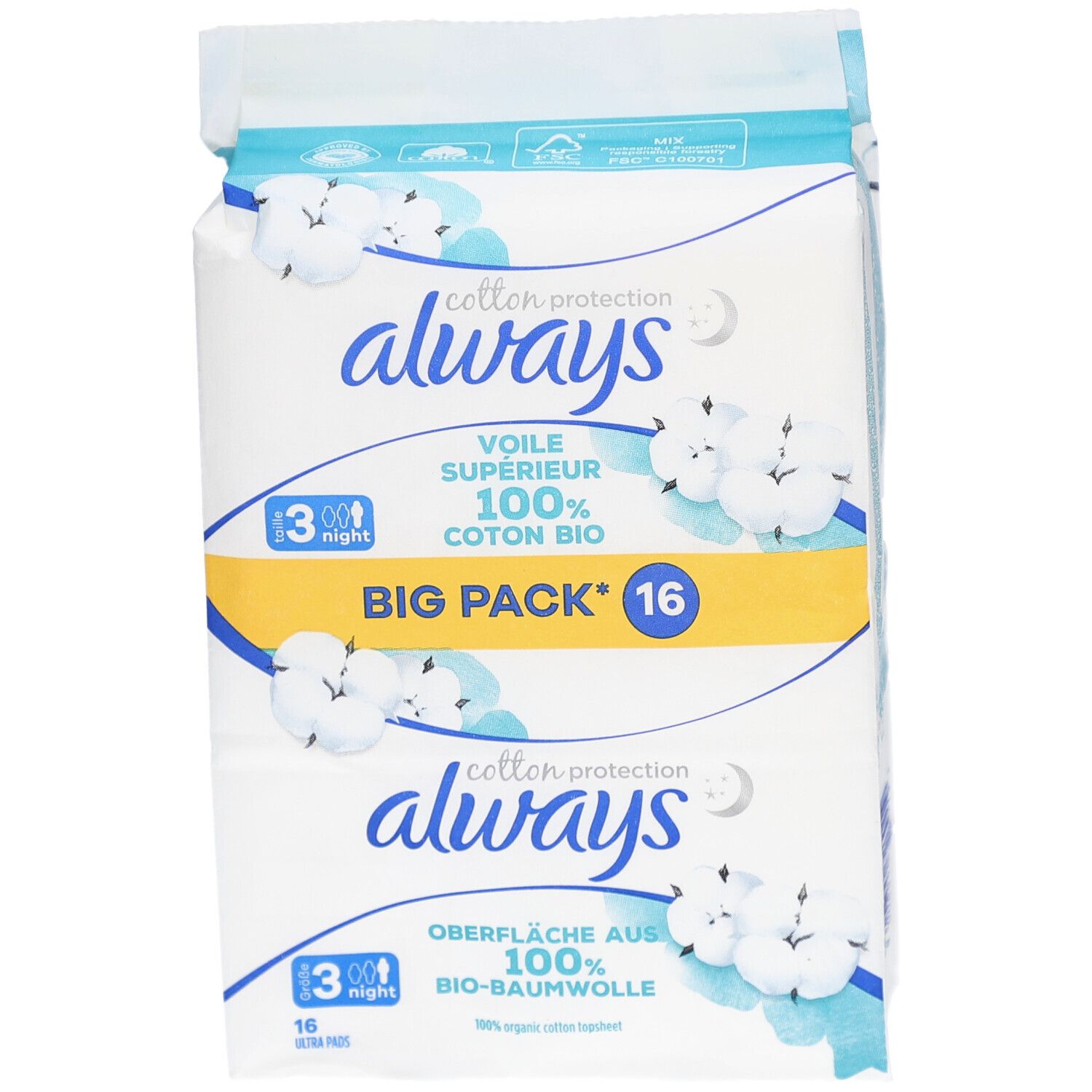 Paquet Always Cotton Protection. Inscription : 100% coton bio, Big Pack 16. Illustrations de coton.