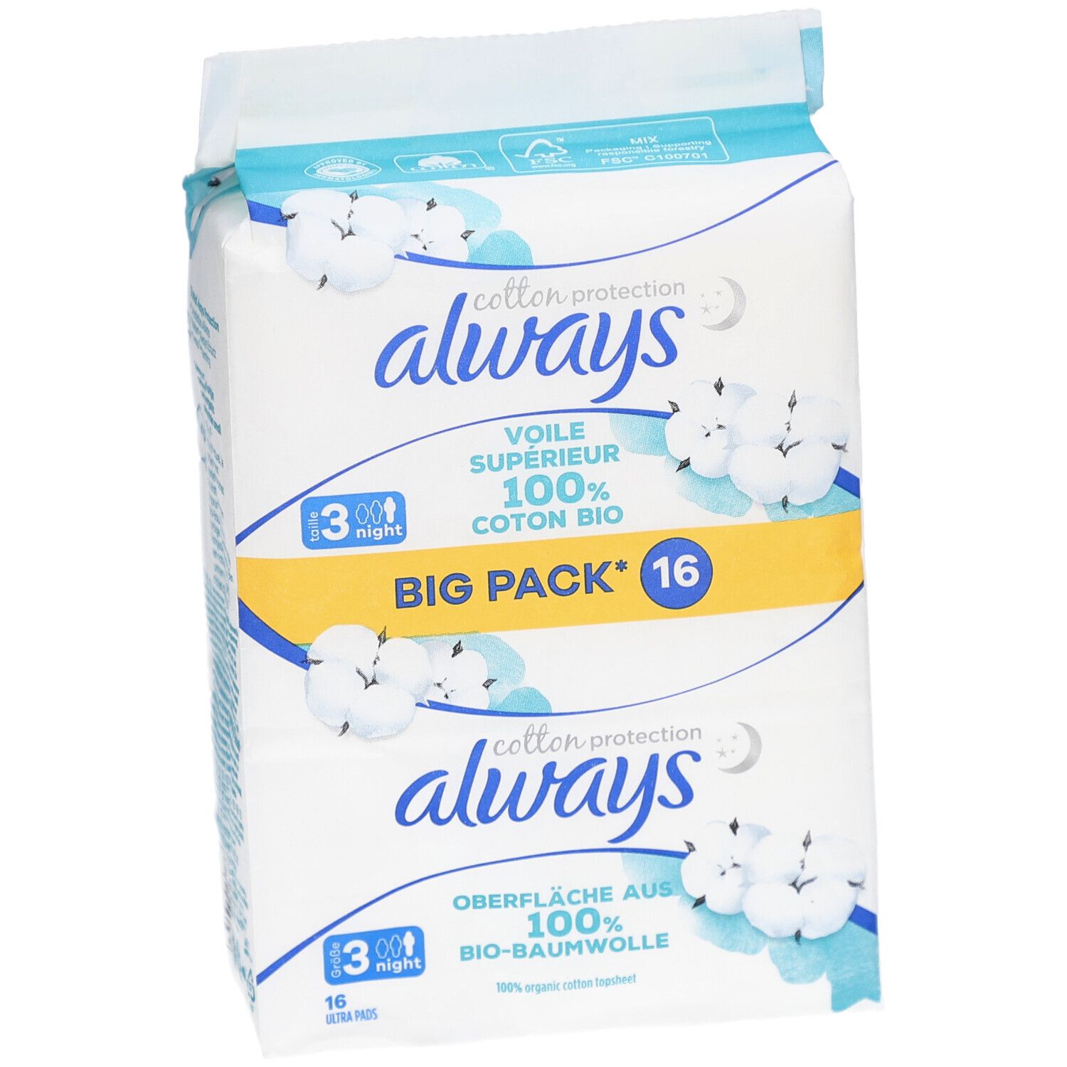Paquet Always Cotton Protection. Inscription : 100% coton bio, Big Pack 16. Illustrations de coton.