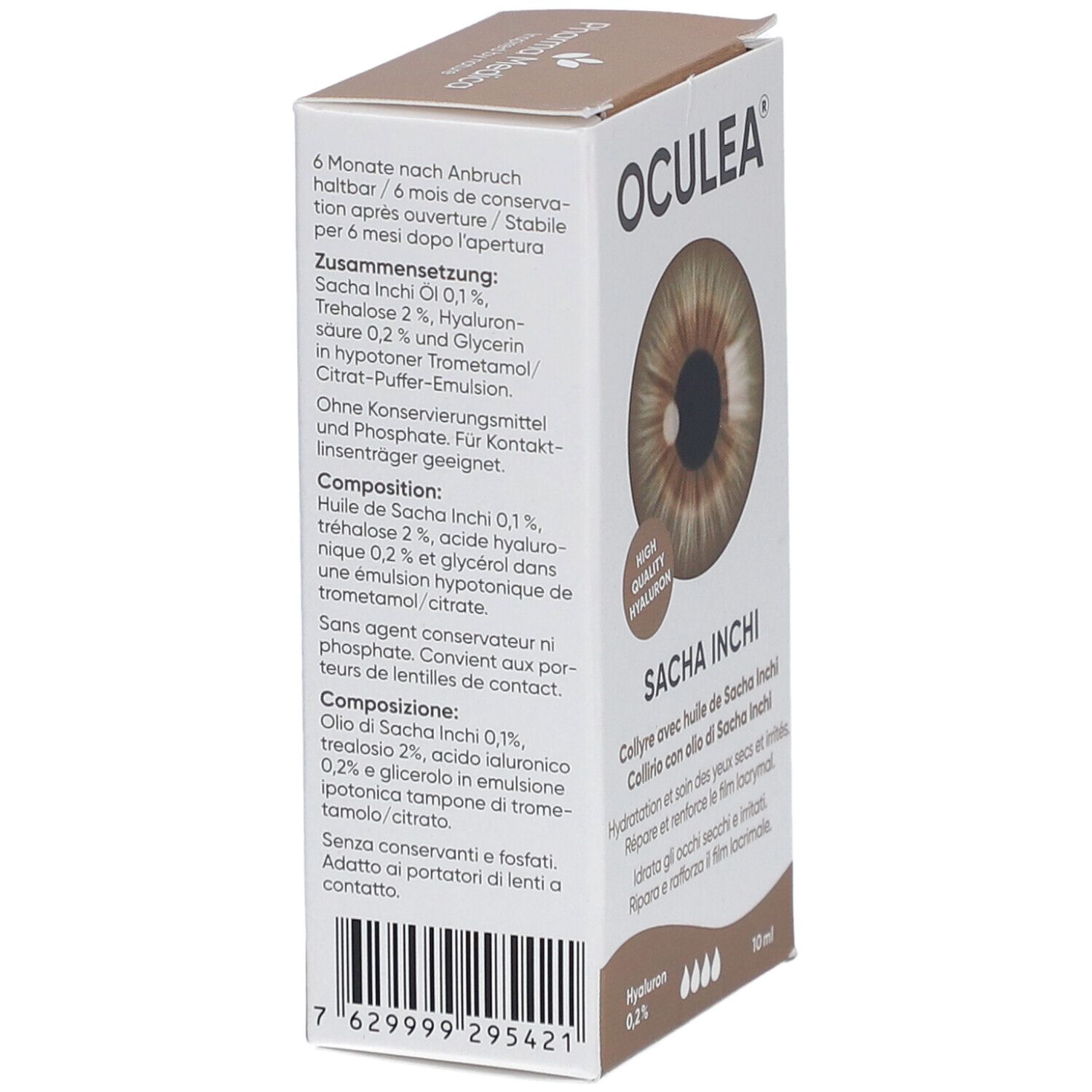 Dos de la boîte de gouttes oculaires OCULEA Sacha Inchi. Contient les ingrédients et les informations de conservation. Avec image d'un œil.