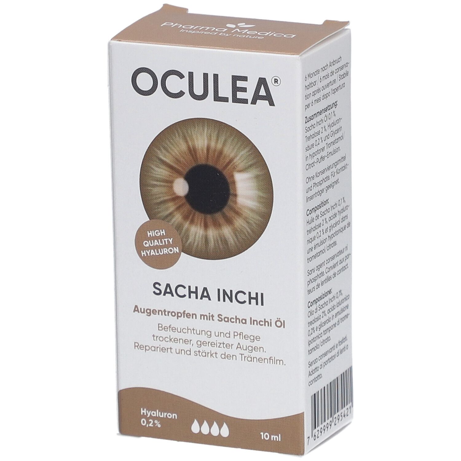 Boîte de gouttes oculaires OCULEA Sacha Inchi. Contient de l'hyaluron 0,2% et 10 ml. Avec image d'un œil.