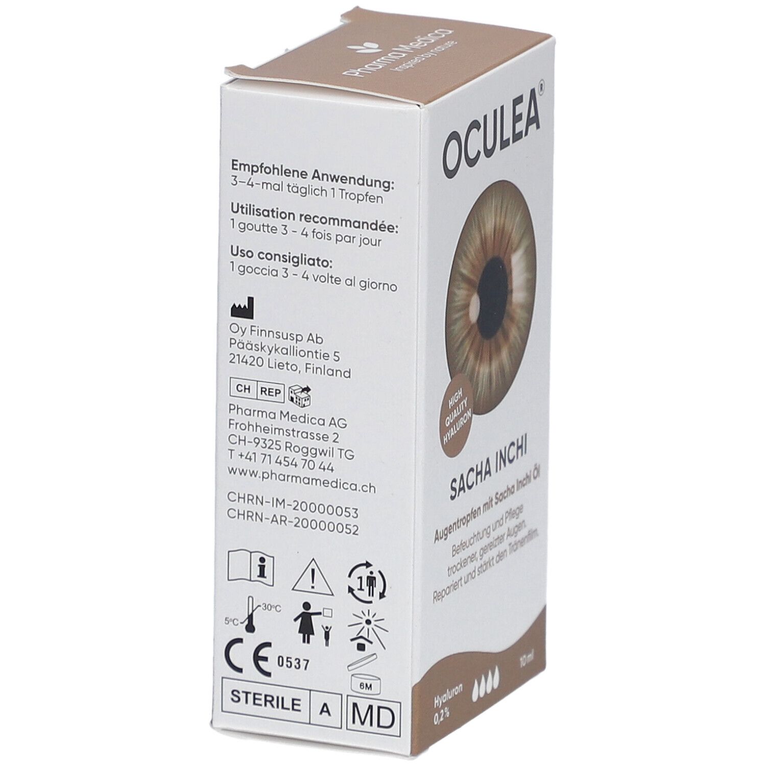 Vue latérale de la boîte de gouttes oculaires OCULEA Sacha Inchi. Contient les instructions d'utilisation et les coordonnées. Avec image d'un œil.