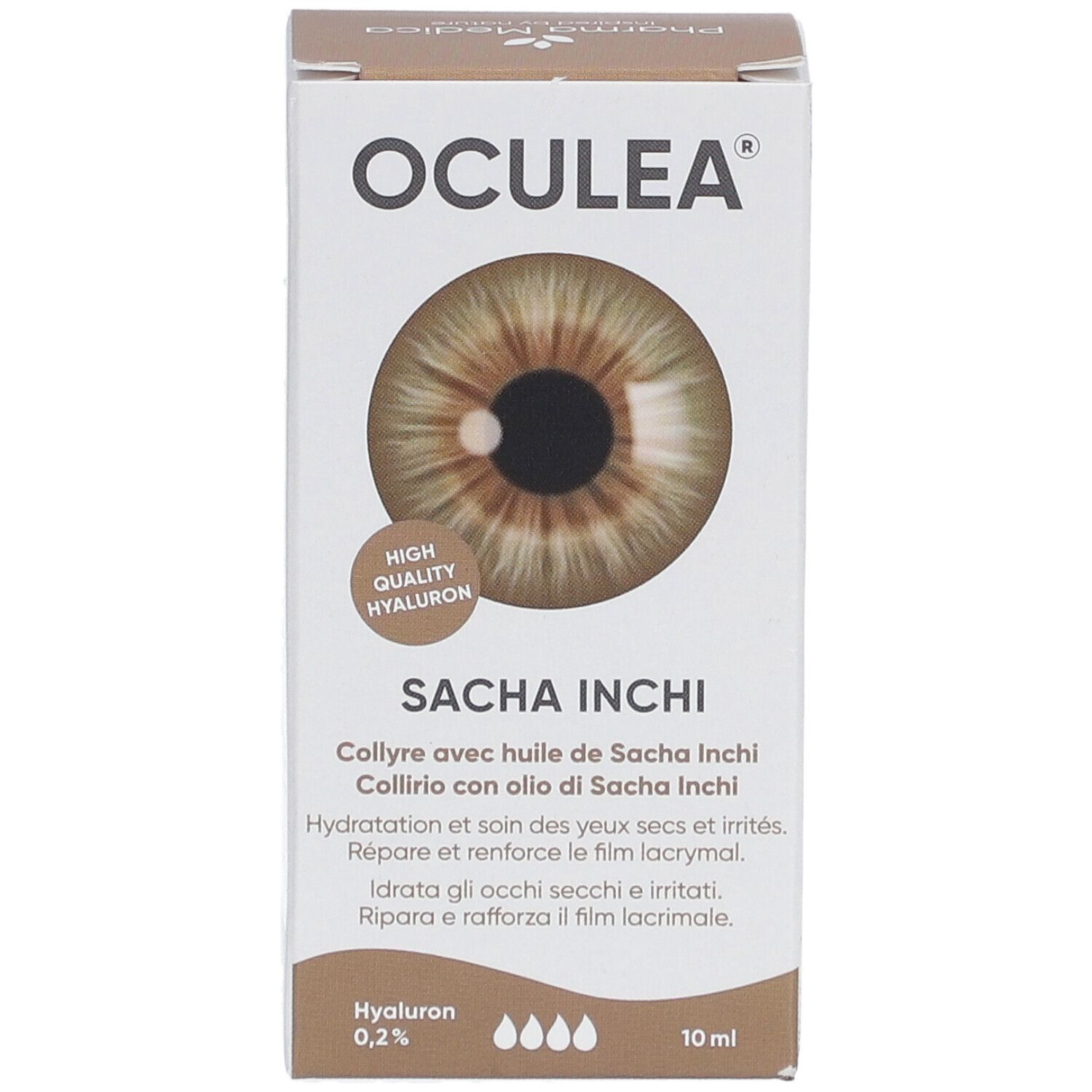 Boîte de gouttes oculaires OCULEA Sacha Inchi. Contient de l'hyaluron 0,2% et 10 ml. Avec image d'un œil.