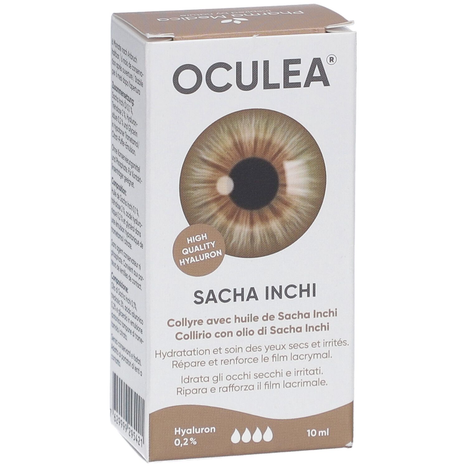 Boîte de gouttes oculaires OCULEA Sacha Inchi. Contient de l'hyaluron 0,2% et 10 ml. Avec image d'un œil.