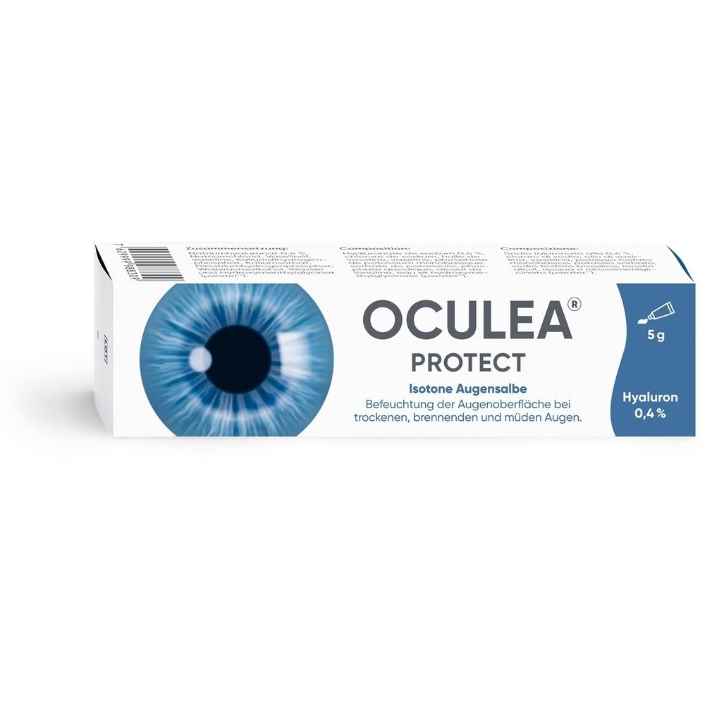 Emballage de OCULEA PROTECT. Boîte blanche avec design d'œil bleu et informations sur le produit.