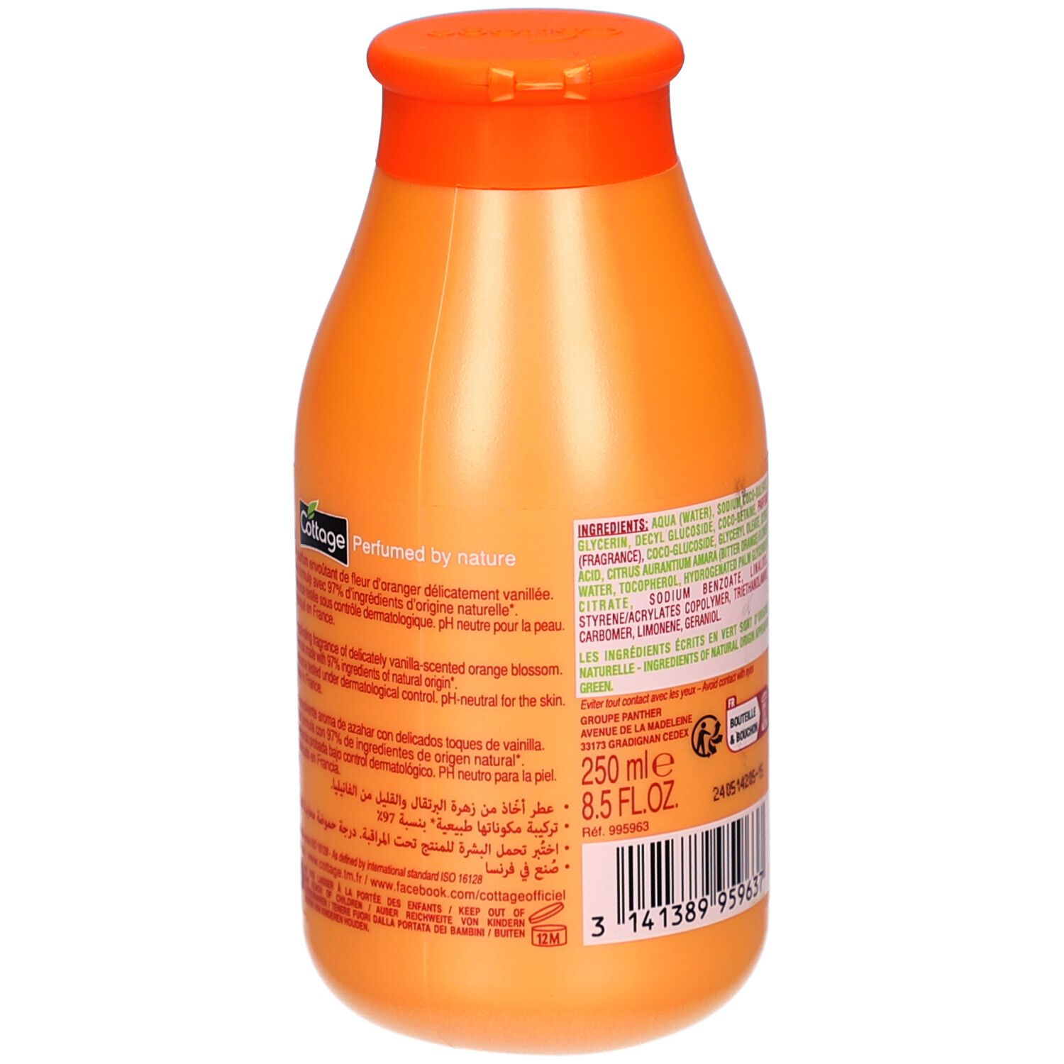 Dos d'un flacon orange. Contient du texte avec ingrédients et informations. Avec illustrations de fleurs d'oranger.
