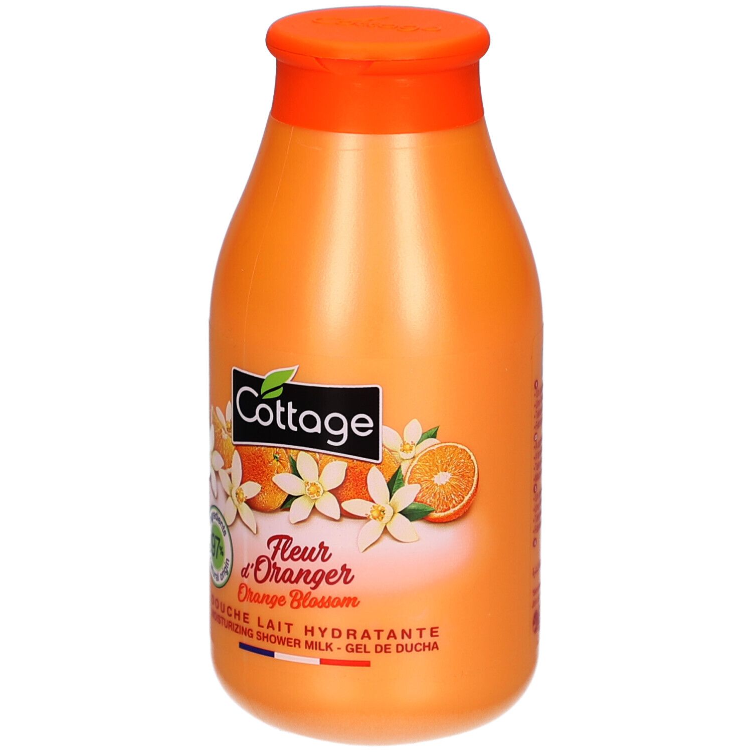 Flacon orange avec étiquette. Illustrations de fleurs d'oranger et texte. "97% ingrédients naturels".