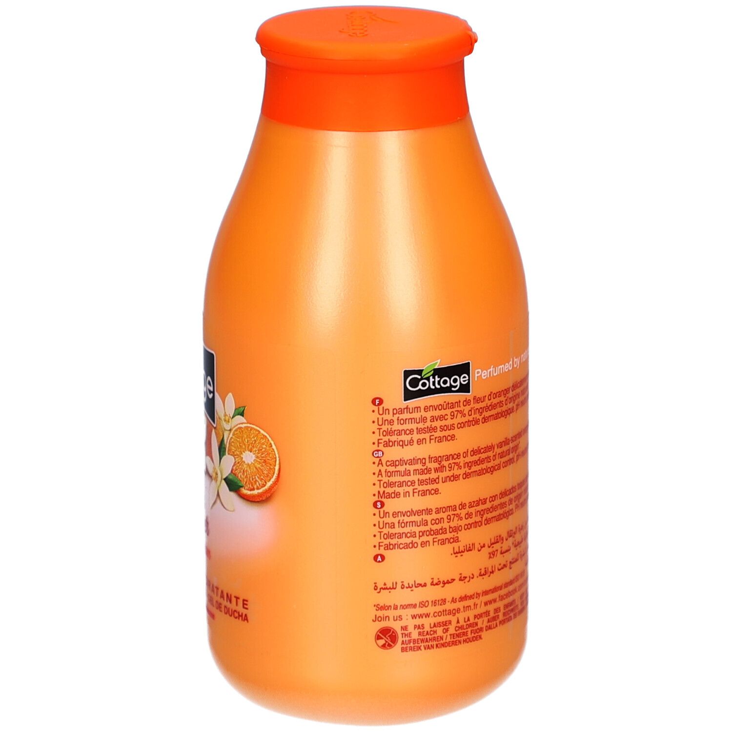 Dos d'un flacon orange. Contient du texte avec ingrédients et informations. Avec illustrations de fleurs d'oranger.