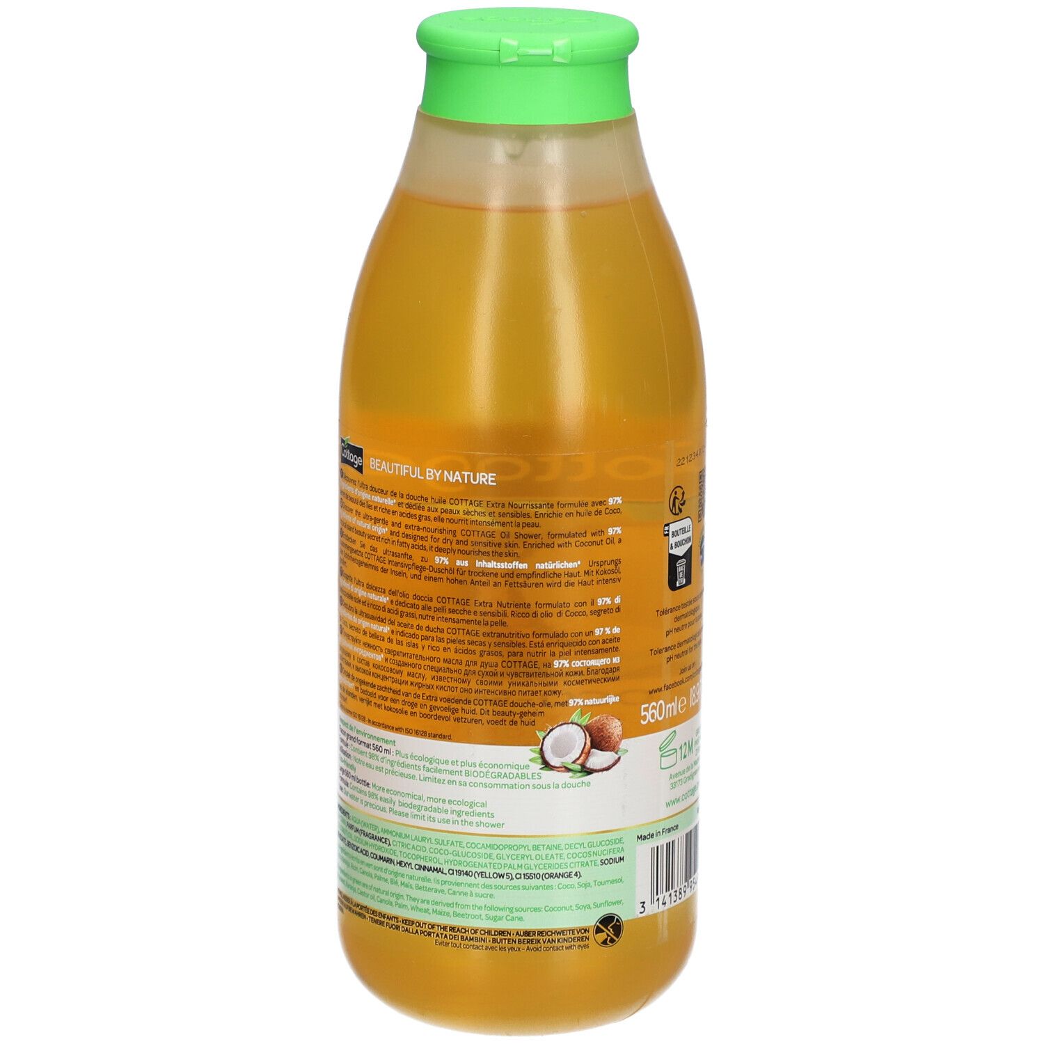 Dos du flacon. Étiquette avec informations produit, QR code et ingrédients. Contient 560ml.
