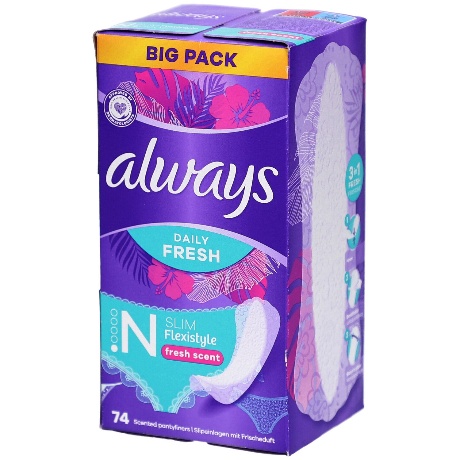 Boîte de protège-slips Always. Emballage violet avec image du produit et texte. Contient 74 protège-slips.