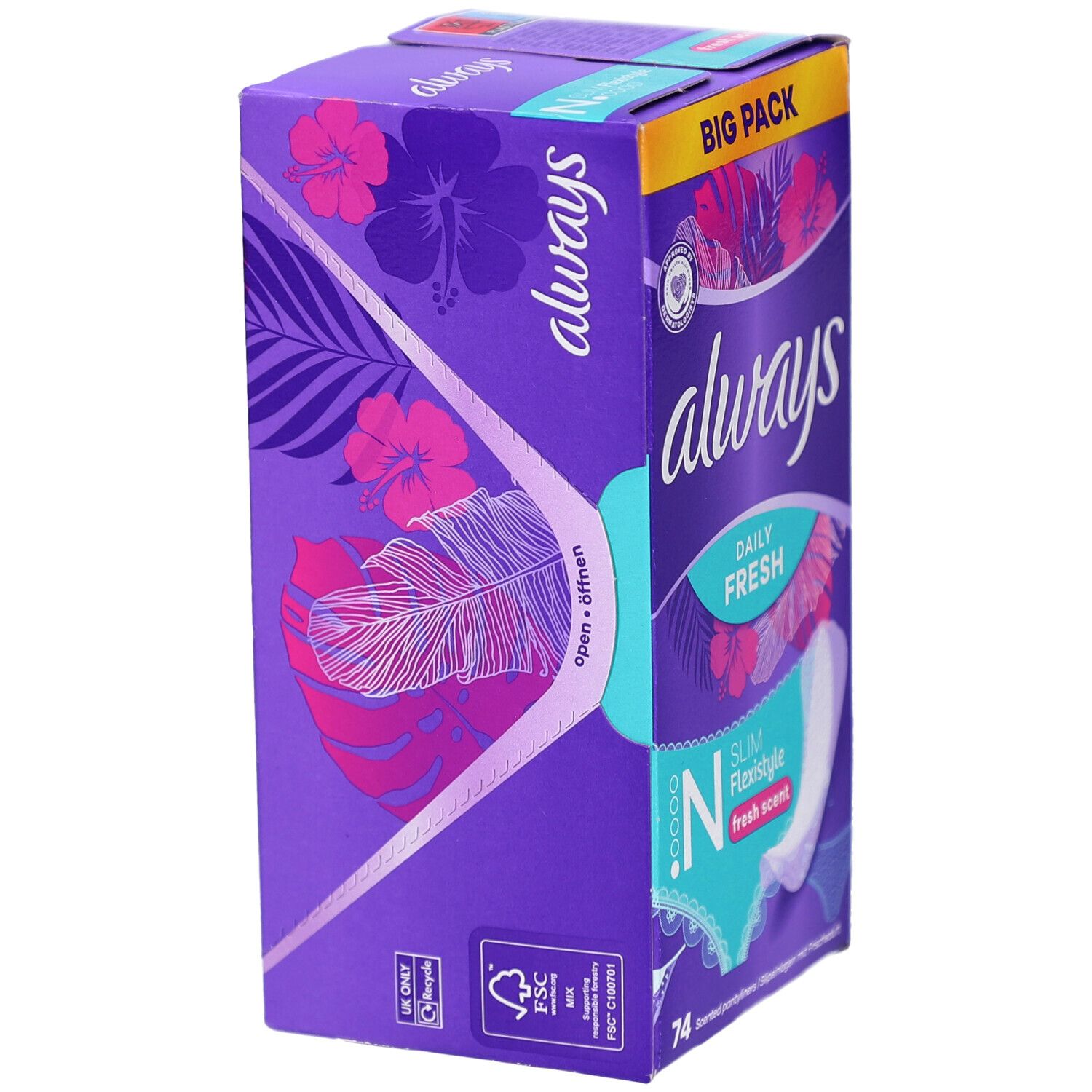 Emballage de protège-slips Always, vue latérale. Boîte violette avec nom du produit et label FSC.