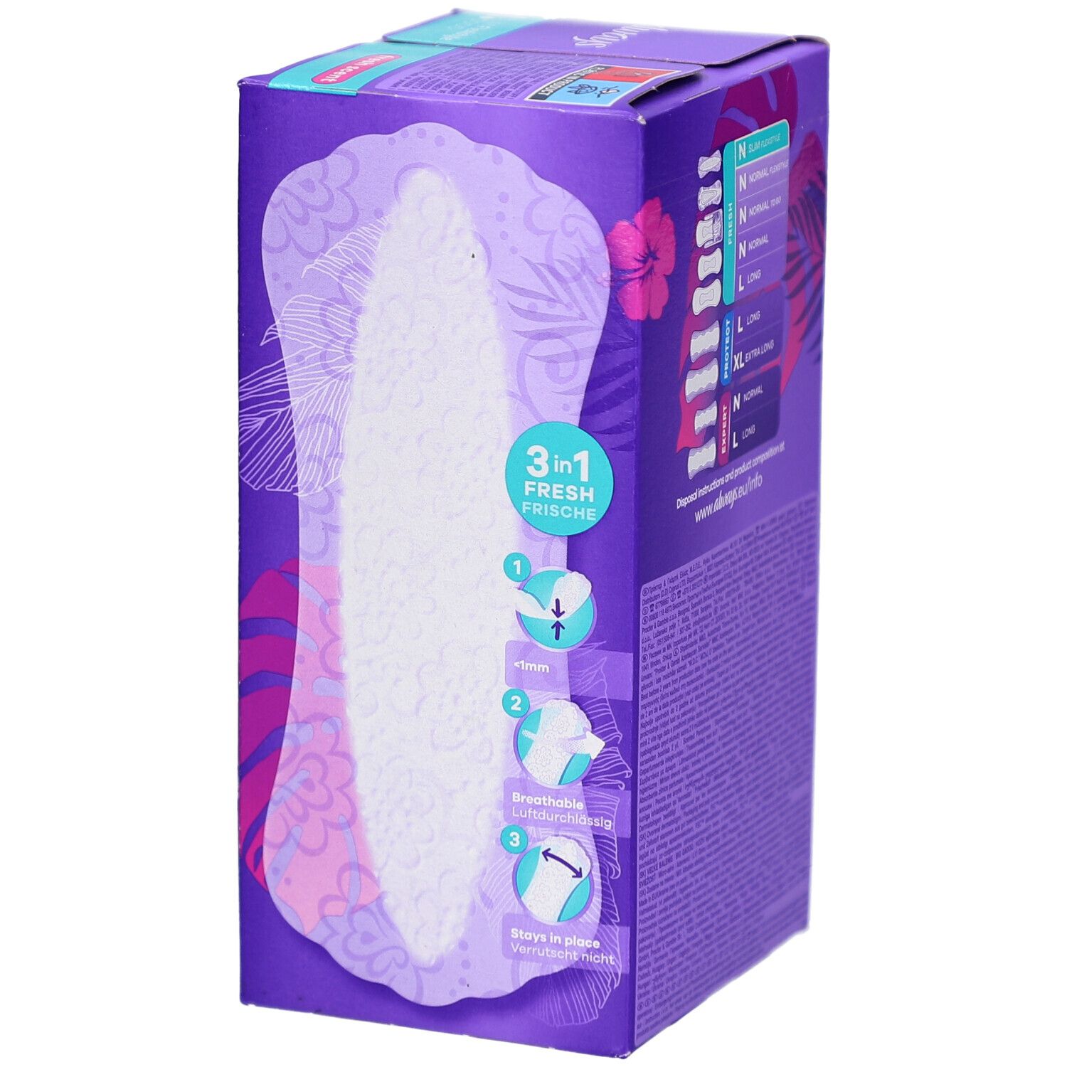 Emballage de protège-slips Always avec image du produit et exemples d'utilisation. Fonction 3-en-1.