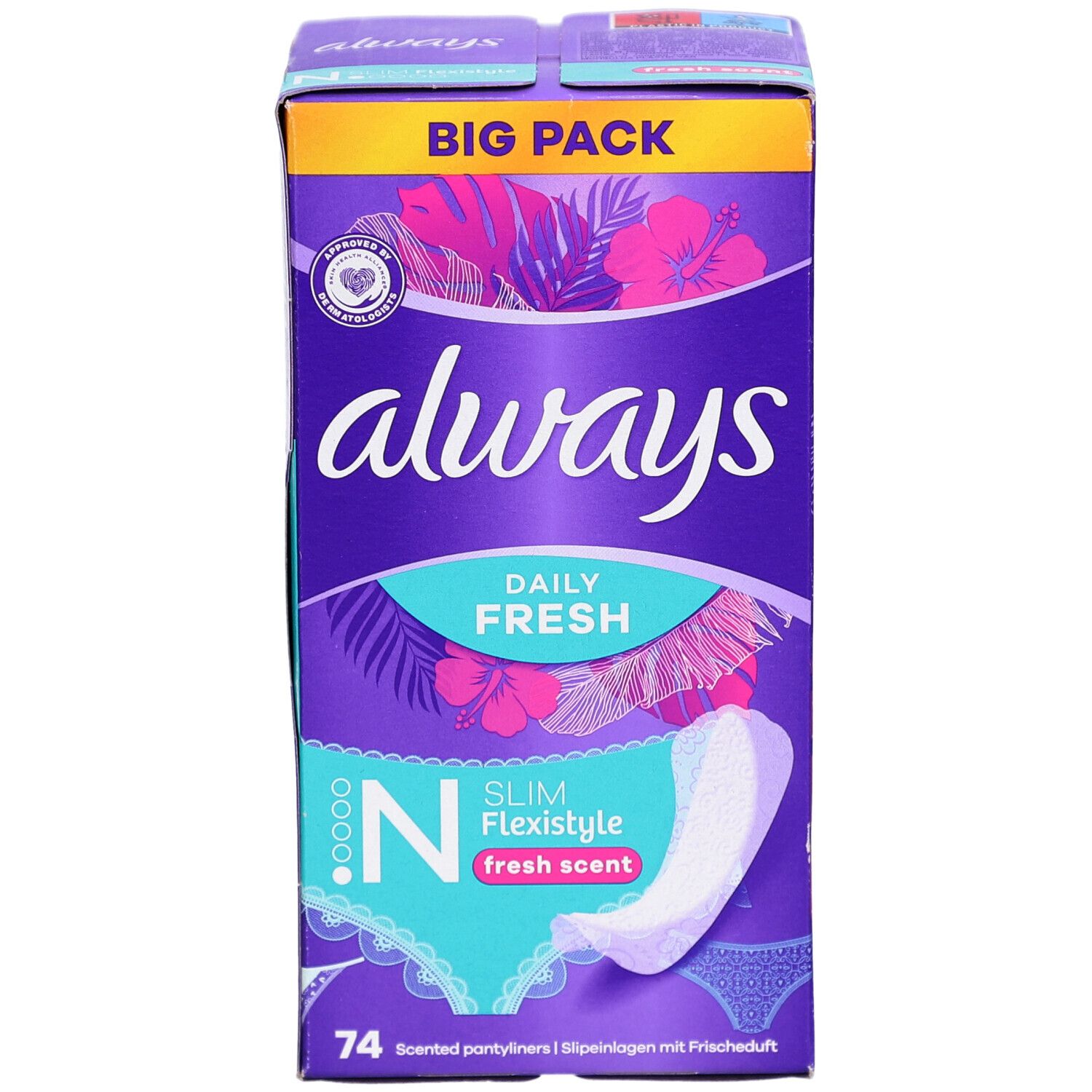 Boîte de protège-slips Always. Emballage violet avec image du produit et texte. Contient 74 protège-slips.