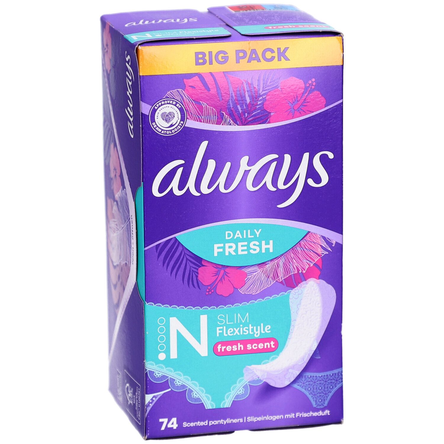Boîte de protège-slips Always. Emballage violet avec image du produit et texte. Contient 74 protège-slips.