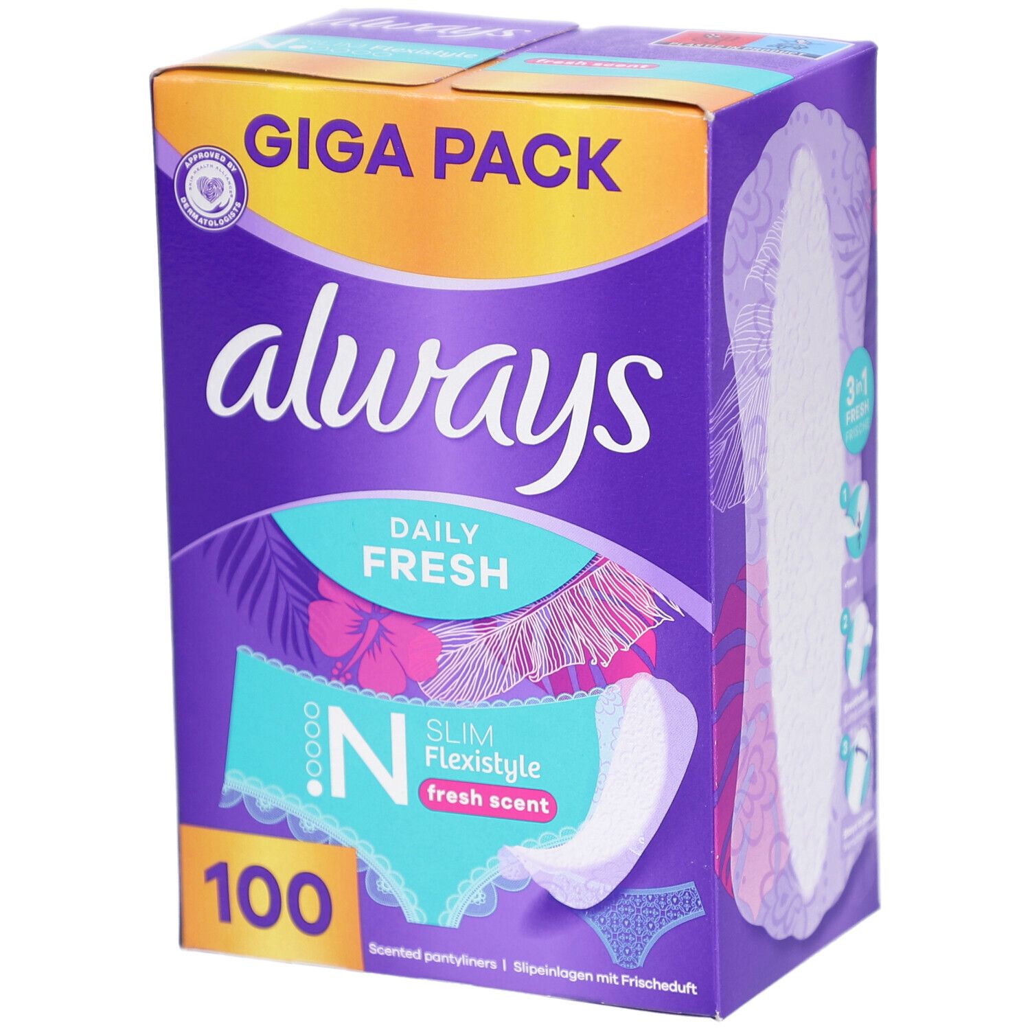Boîte Always Daily Fresh. Emballage violet avec informations produit et logo Always. 100 pièces.