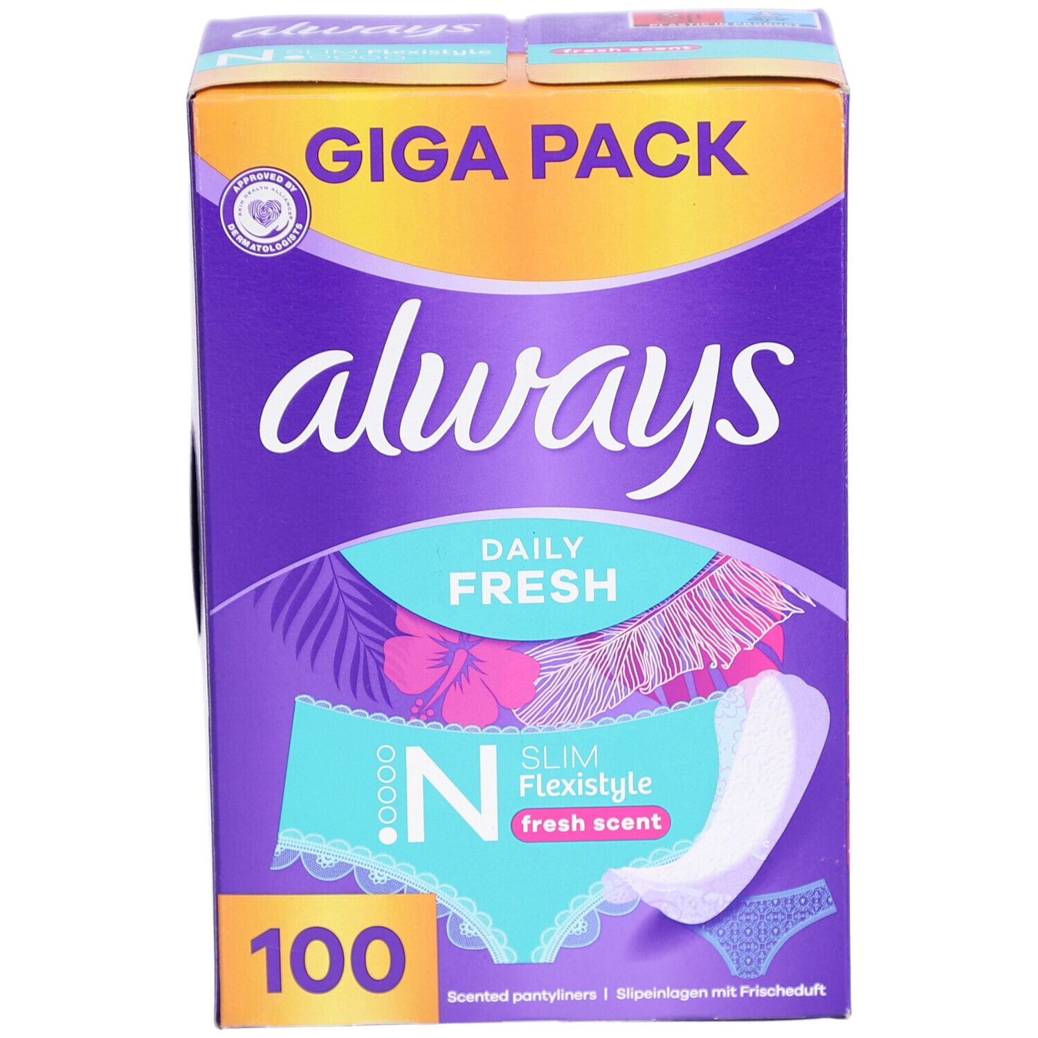 Boîte Always Daily Fresh. Emballage violet avec logo Always et nom du produit. 100 pièces.