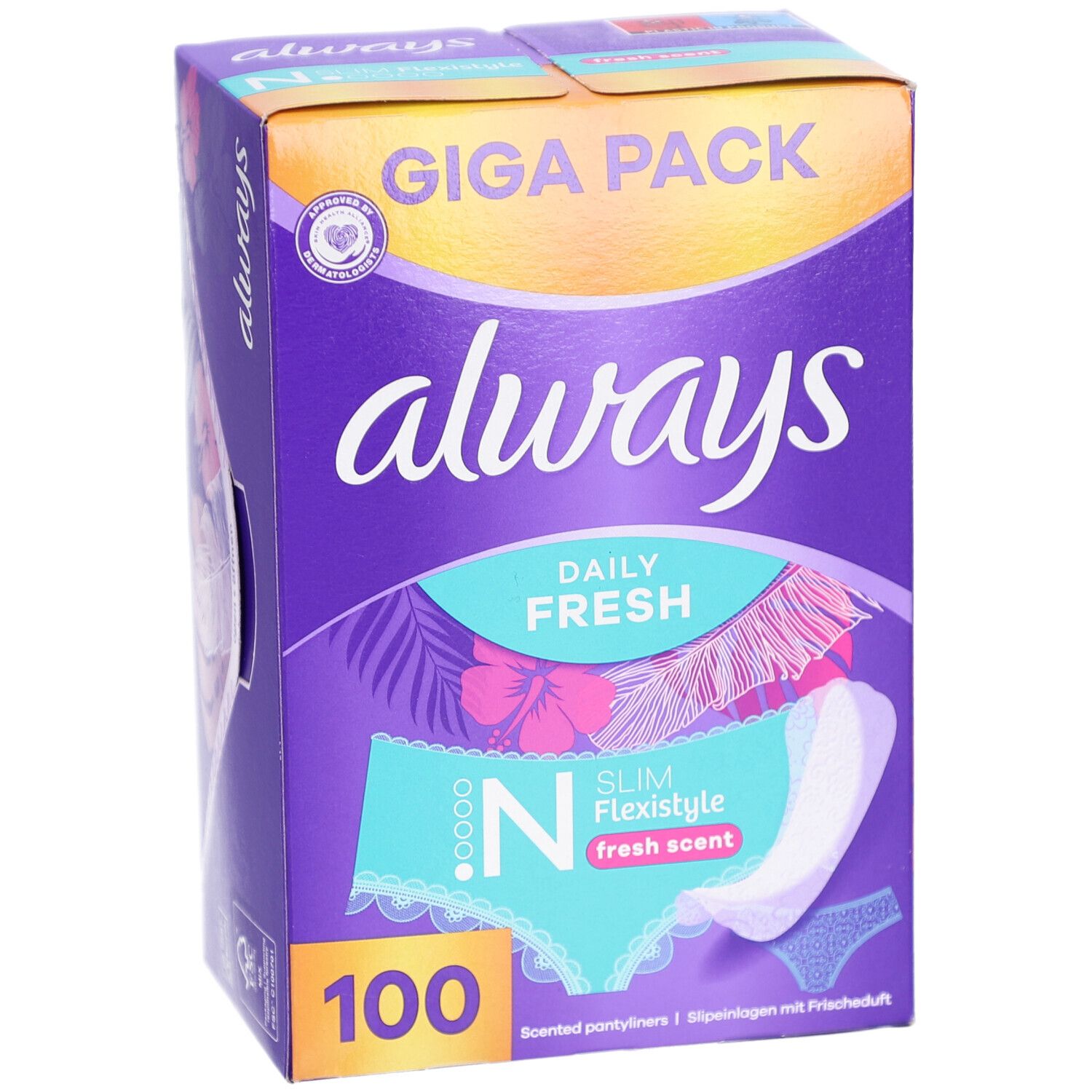 Boîte Always Daily Fresh, vue en biais. Emballage violet avec logo Always et nom du produit. 100 pièces.