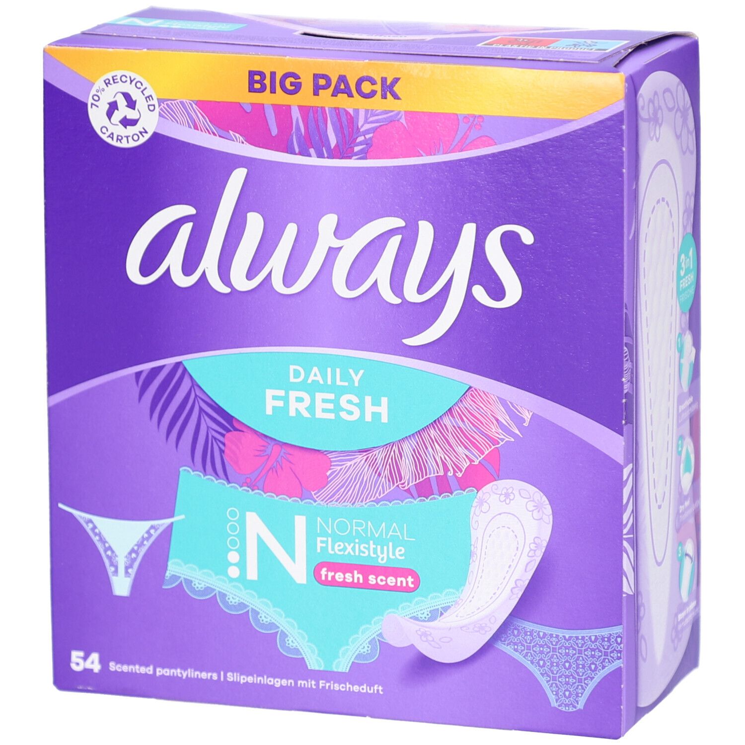 Boîte Always violette. Inscription: Daily Fresh, Normal Flexistyle, fresh scent. 54 protège-slips. Carton recyclé à 70%.