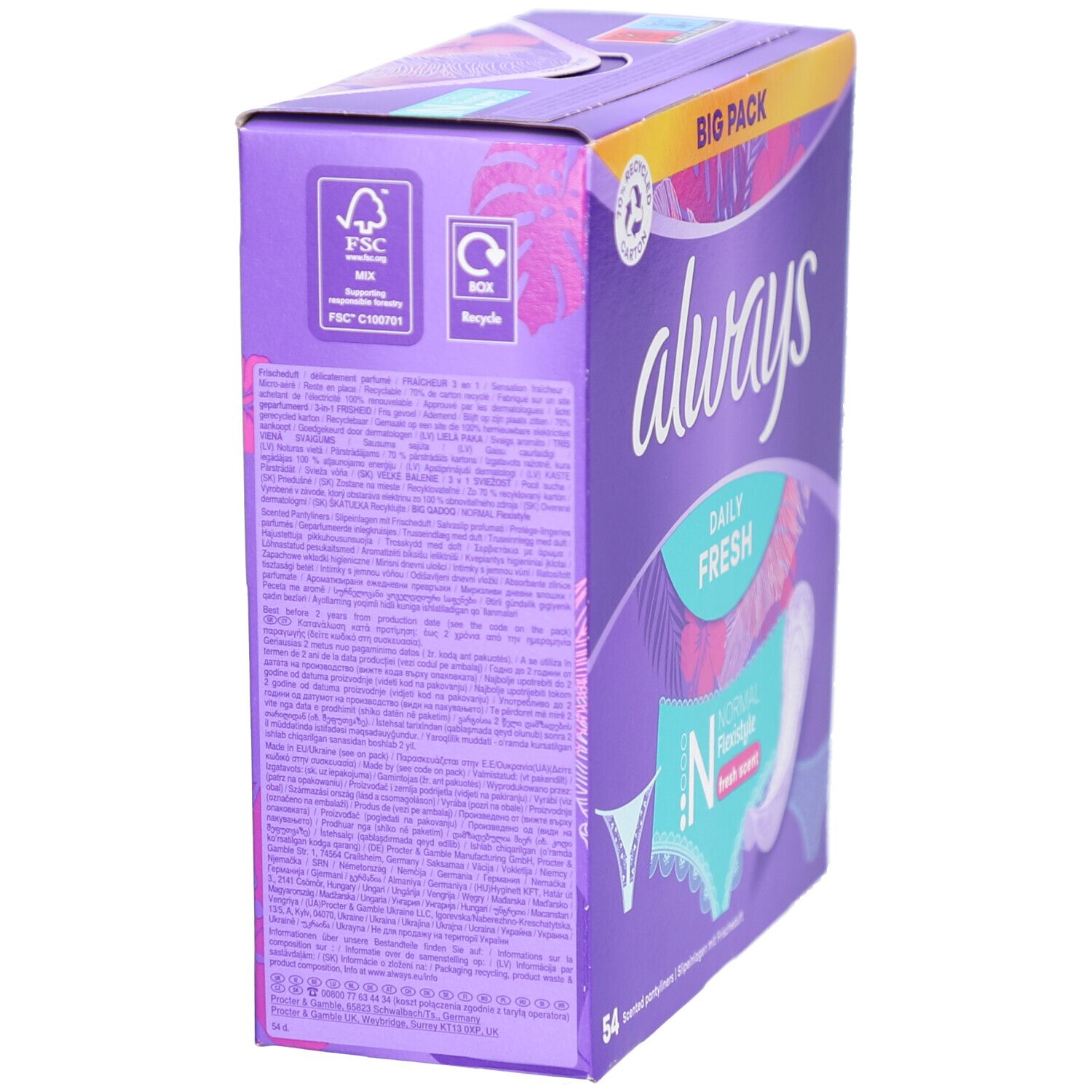 Boîte Always violette. Certification FSC, symbole de recyclage. Texte multilingue. Vue latérale.