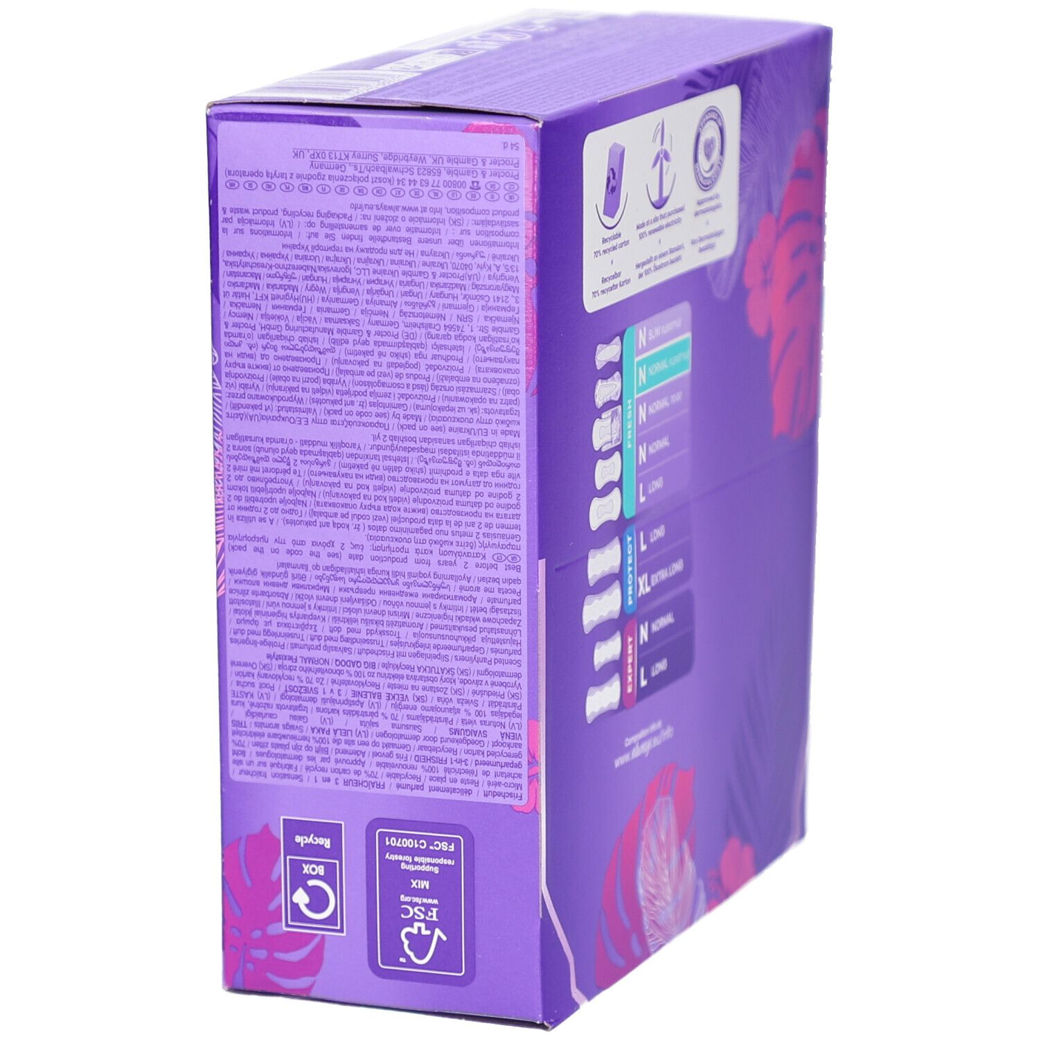 Boîte Always violette. Texte multilingue. Certification FSC et symbole de recyclage. Vue arrière.