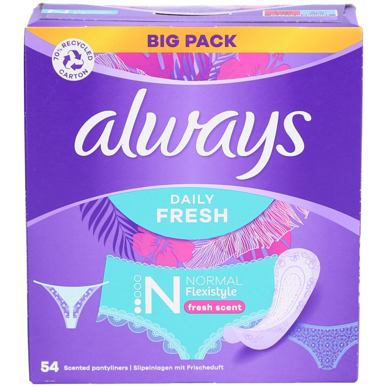 Boîte Always violette. Inscription: Always, Daily Fresh, Normal Flexistyle, fresh scent. 54 protège-slips. Carton recyclé à 70%.