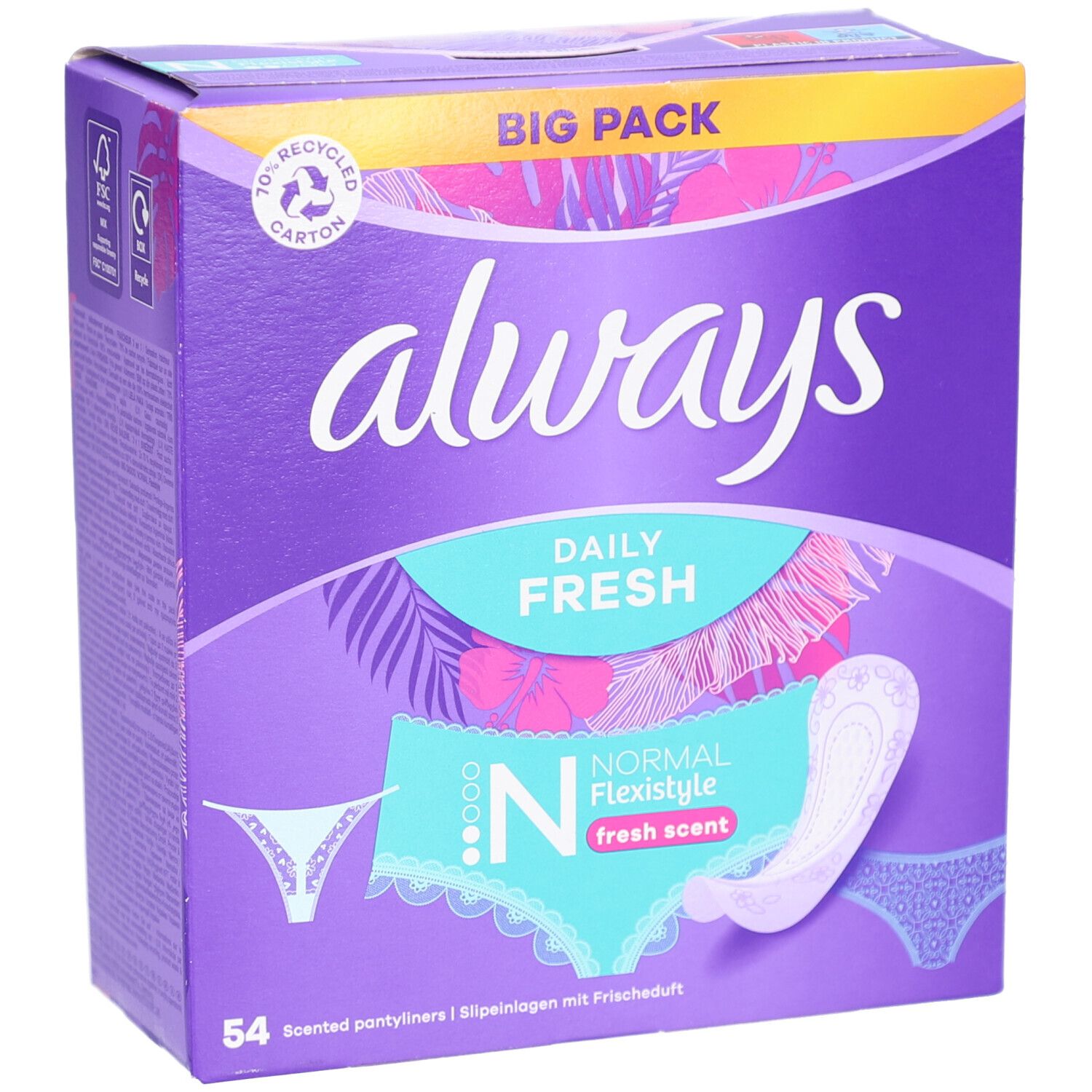 Boîte Always violette. Inscription: Always, Daily Fresh, Normal Flexistyle, fresh scent. 54 protège-slips. Vue en biais.