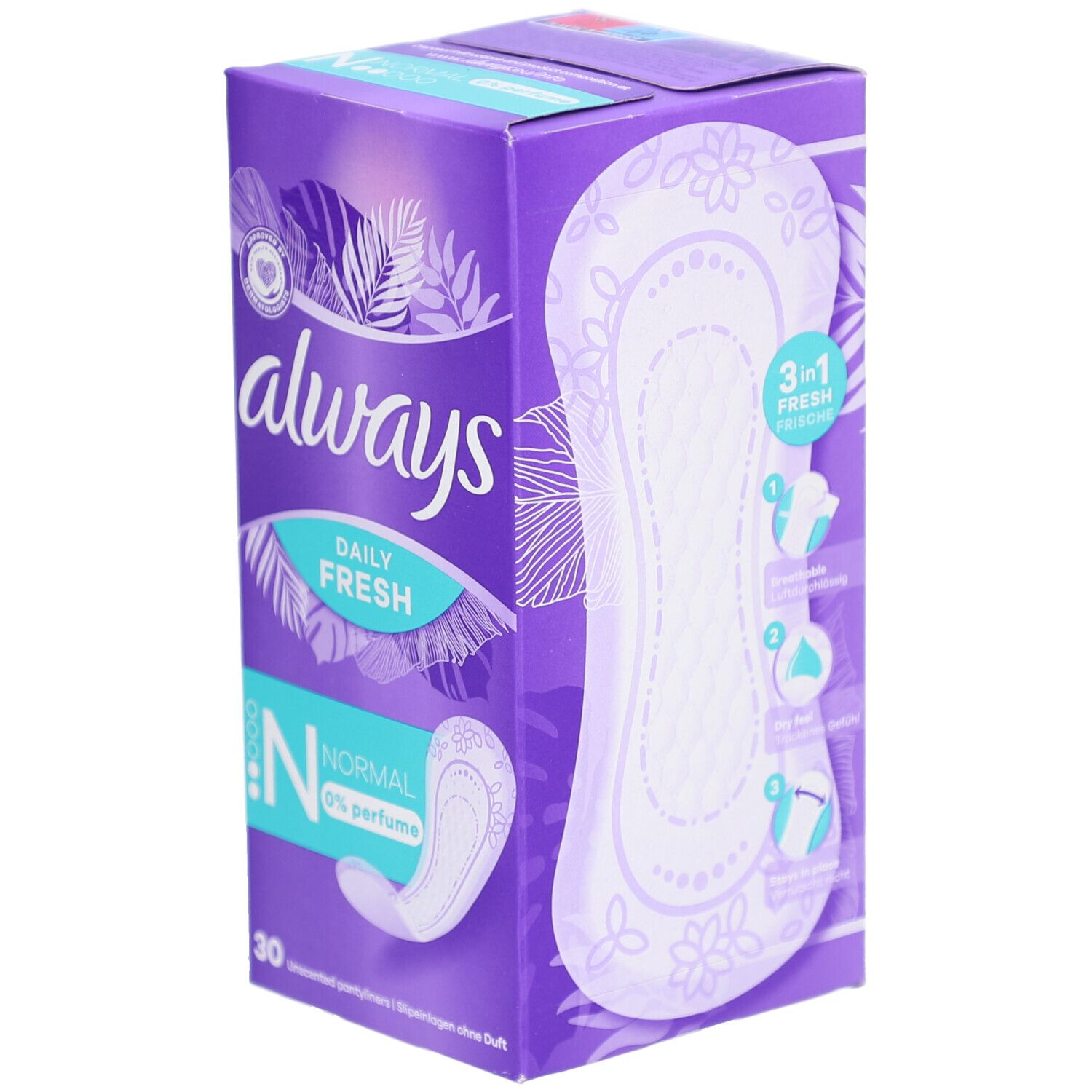 Boîte de protège-slips ALWAYS. Boîte violette avec image du produit et texte. Contient 30 pièces. "Normal" et "0% perfume" sont indiqués.