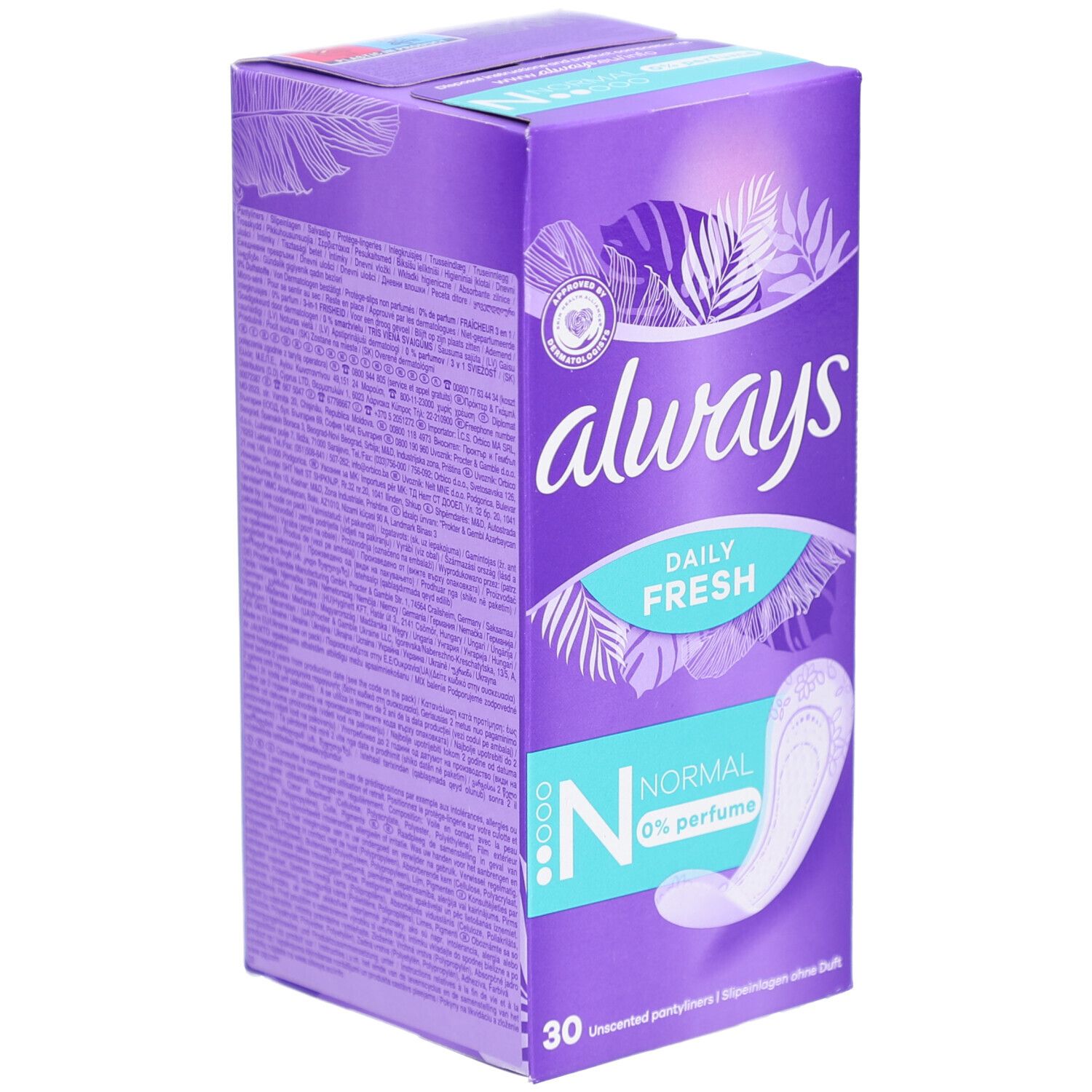 Boîte de protège-slips ALWAYS. Boîte violette avec texte et image du produit. Contient 30 pièces. "Normal" et "0% perfume" sont indiqués.