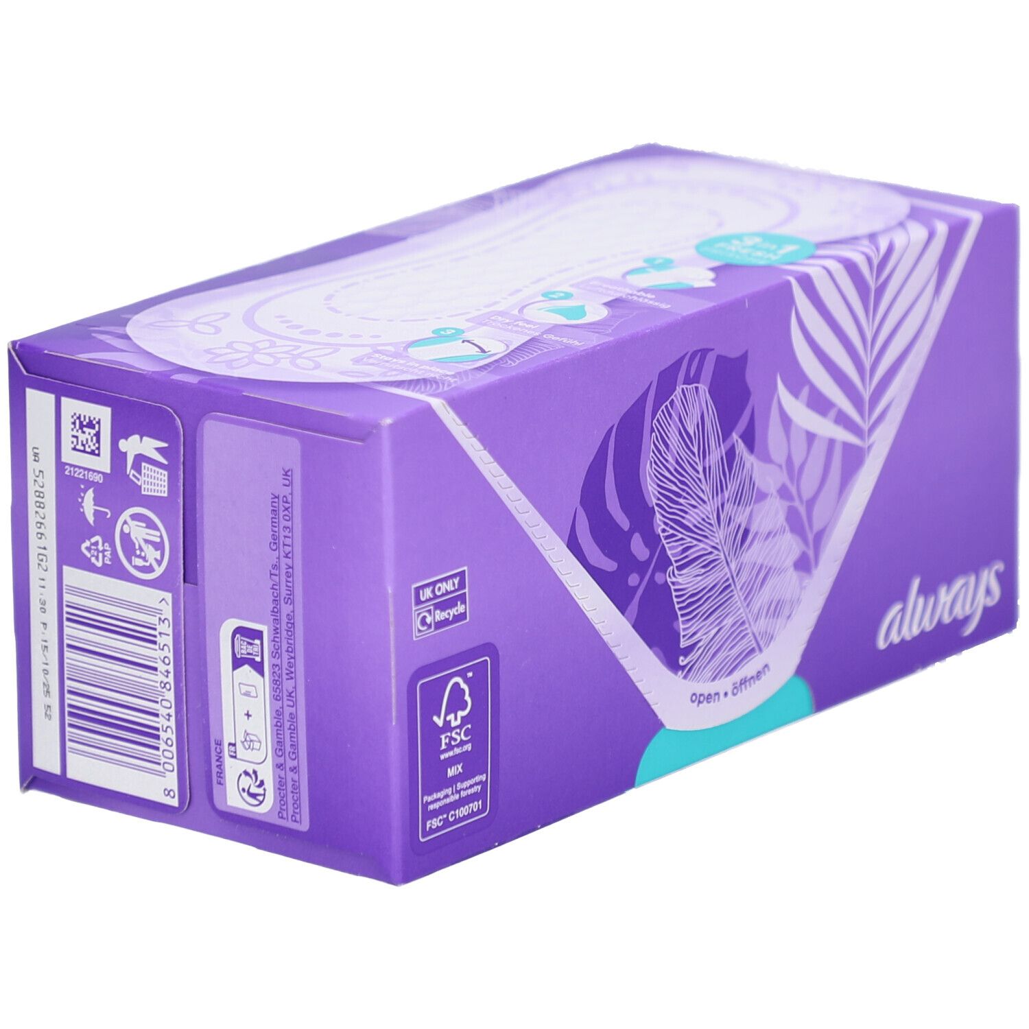 Boîte de protège-slips ALWAYS. Boîte violette avec texte et certification FSC. Contient 30 pièces. "Normal" et "0% perfume" sont indiqués.