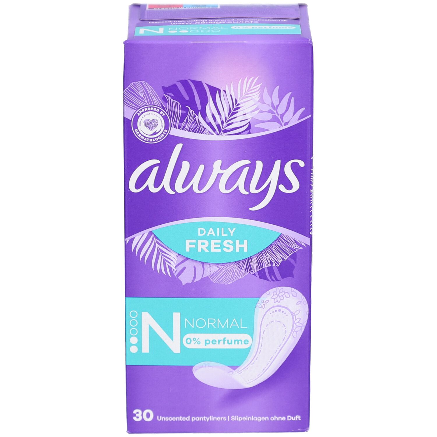Boîte de protège-slips ALWAYS. Boîte violette avec image et texte. Contient 30 pièces. "Normal" et "0% perfume" sont indiqués.
