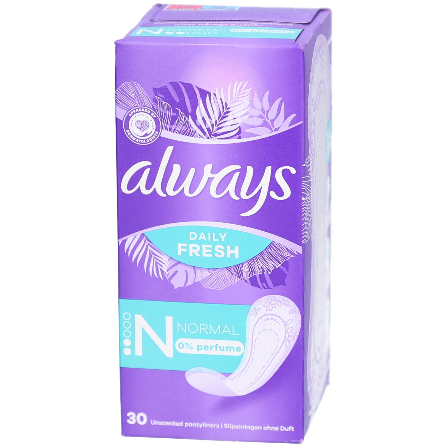 Boîte de protège-slips ALWAYS. Boîte violette avec image et texte. Contient 30 pièces. "Normal" et "0% perfume" sont indiqués.