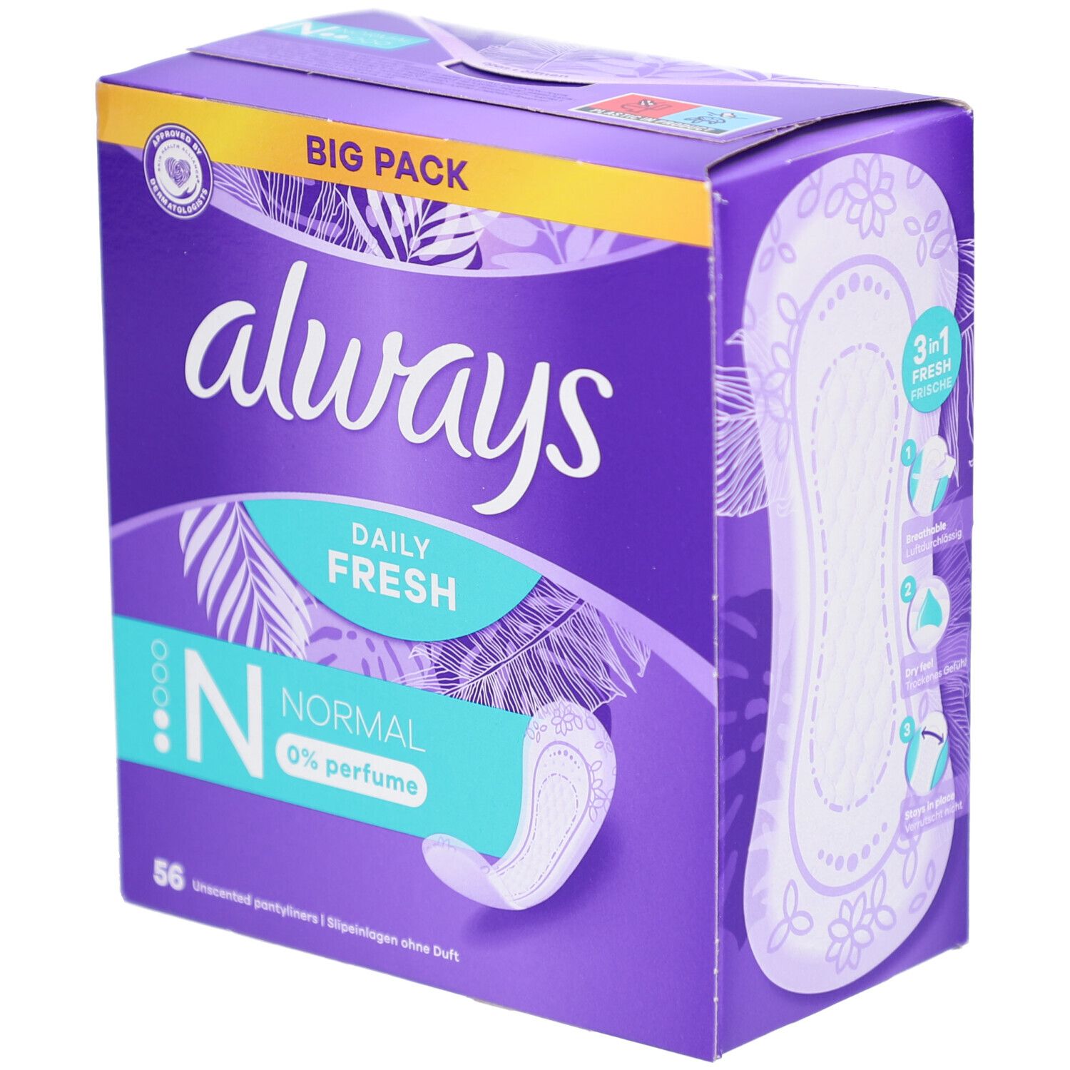Boîte Always Daily Fresh. Violette, avec image produit et texte. Contient 56 protège-slips Normal, 0% parfum.