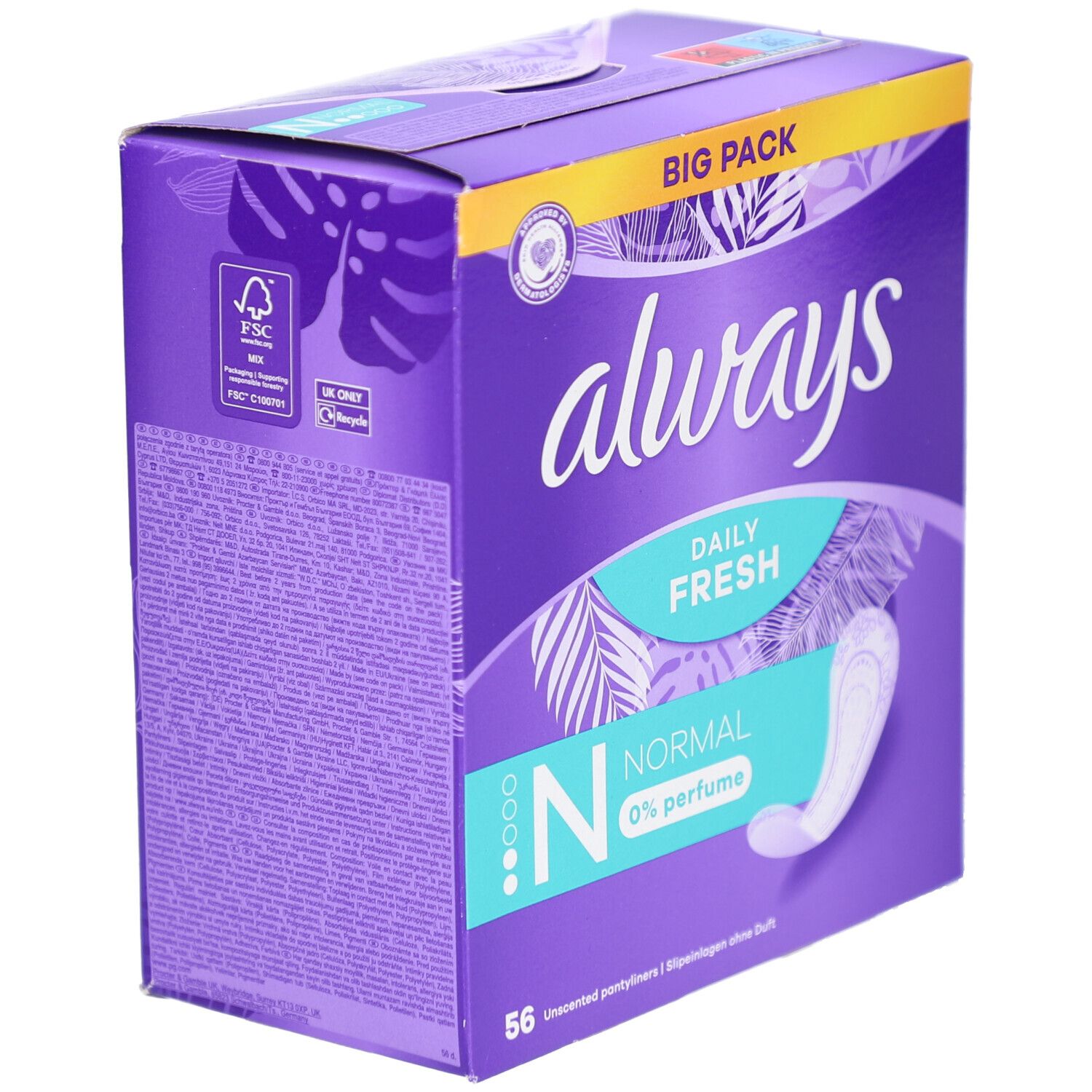 Boîte Always Daily Fresh. Violette, image et texte. Logo FSC. Contient 56 protège-slips Normal, 0% parfum.