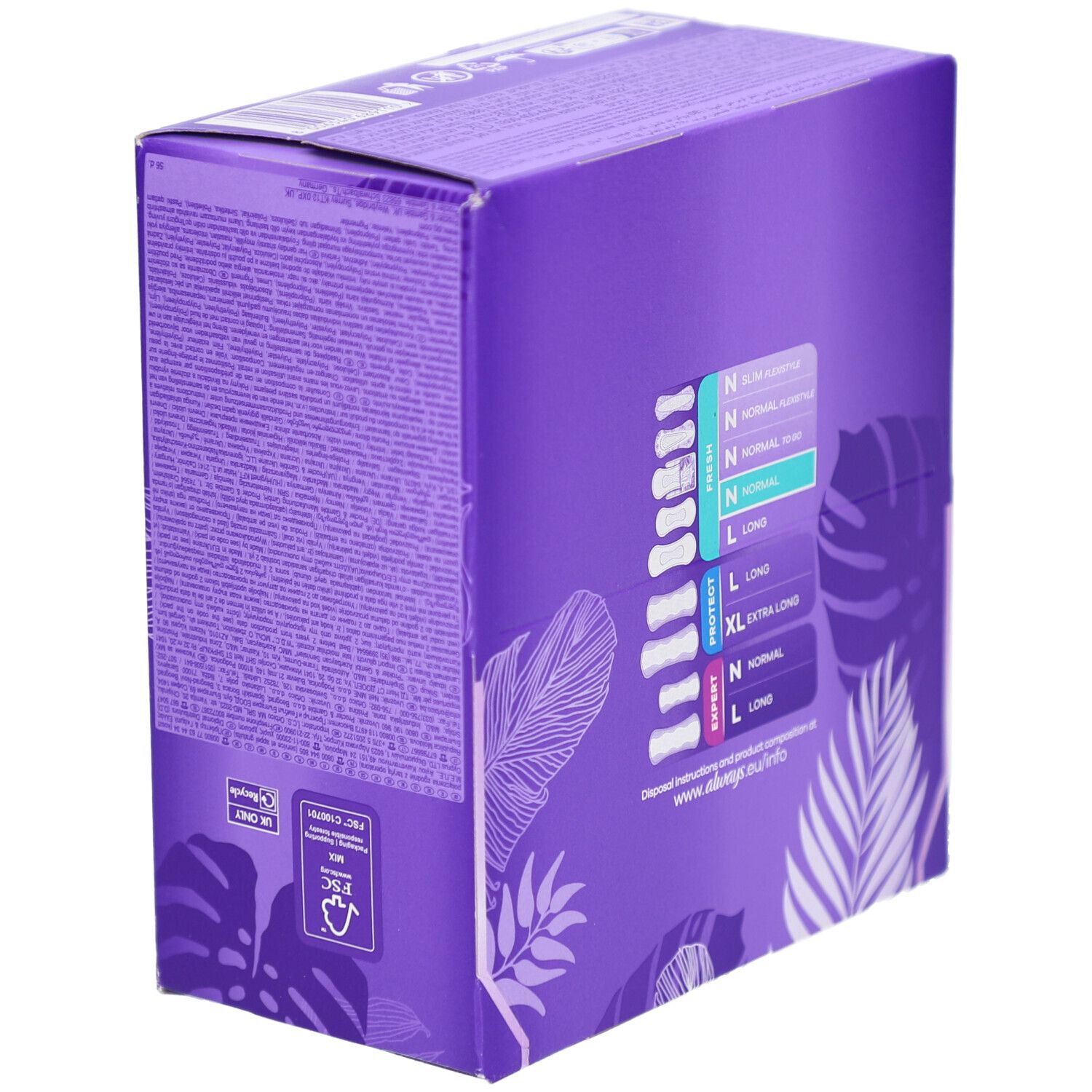 Boîte Always Daily Fresh. Violette, image et texte. Aperçu des tailles. Logo FSC.