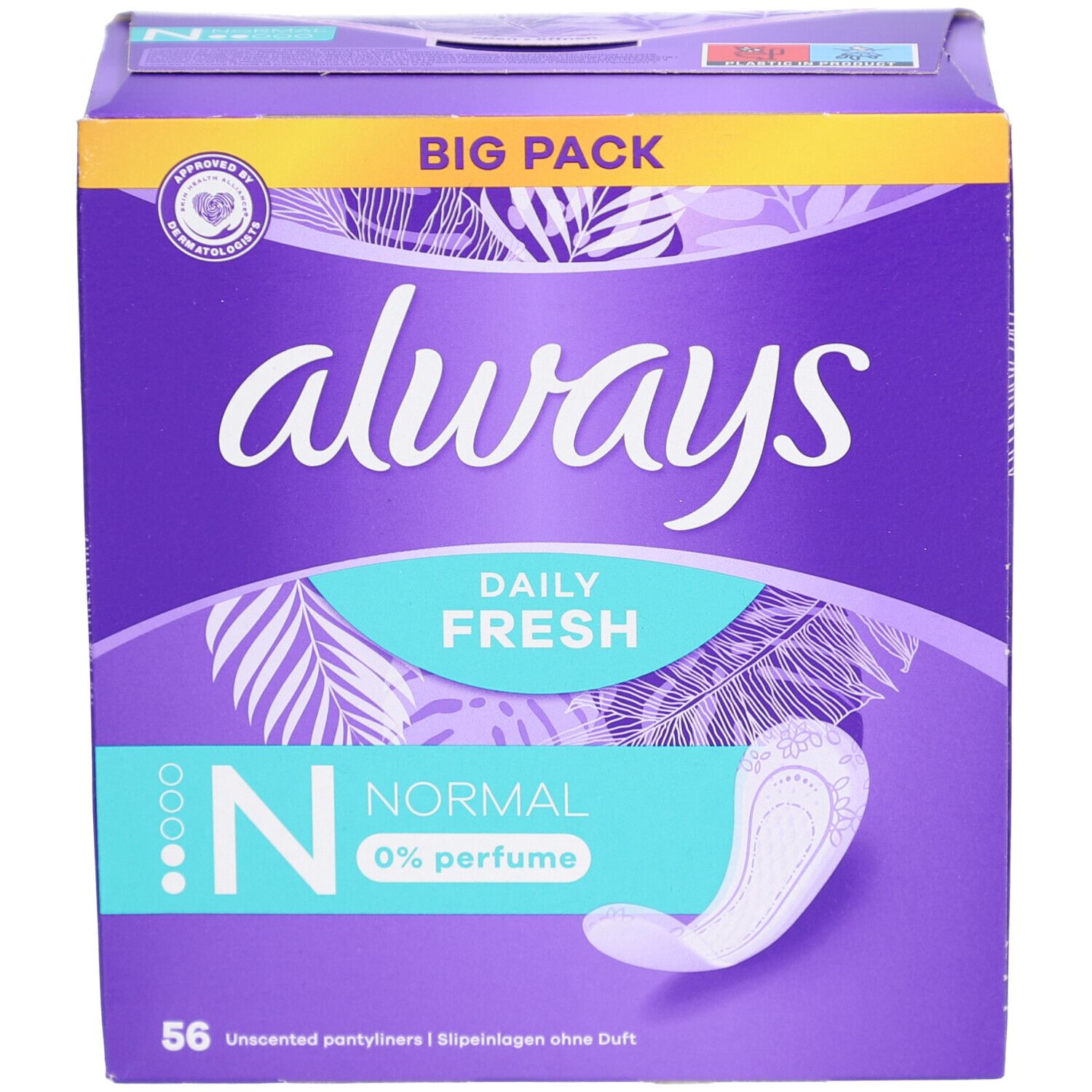 Boîte Always Daily Fresh. Violette, image et texte. Contient 56 protège-slips Normal, 0% parfum. Sceau.