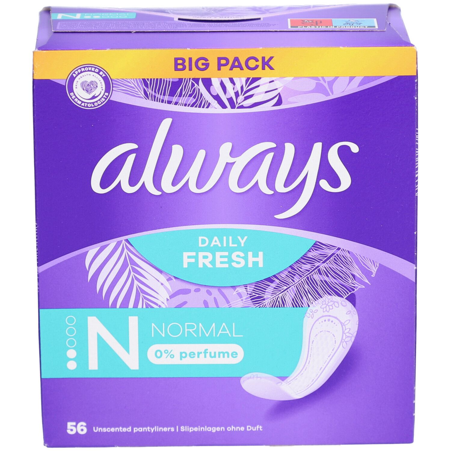 Boîte Always Daily Fresh. Violette, image et texte. Contient 56 protège-slips Normal, 0% parfum. Sceau.