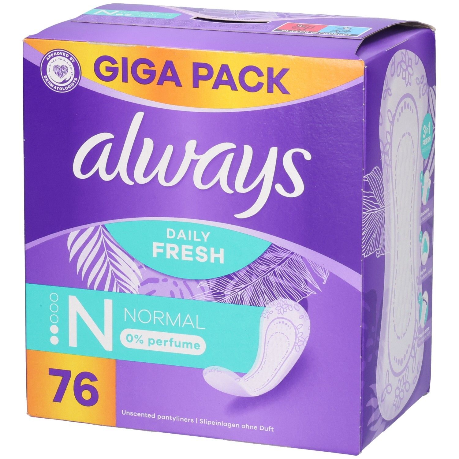 Always Daily Fresh Normal, 76 protège-slips, 0% parfum. Giga Pack.