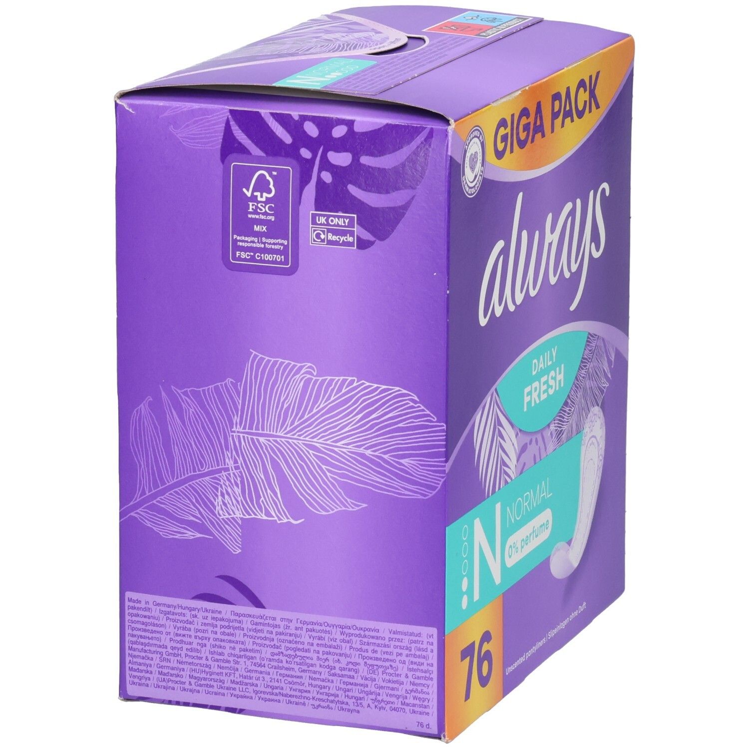 Arrière du paquet Always Daily Fresh Normal avec informations produit et label FSC.