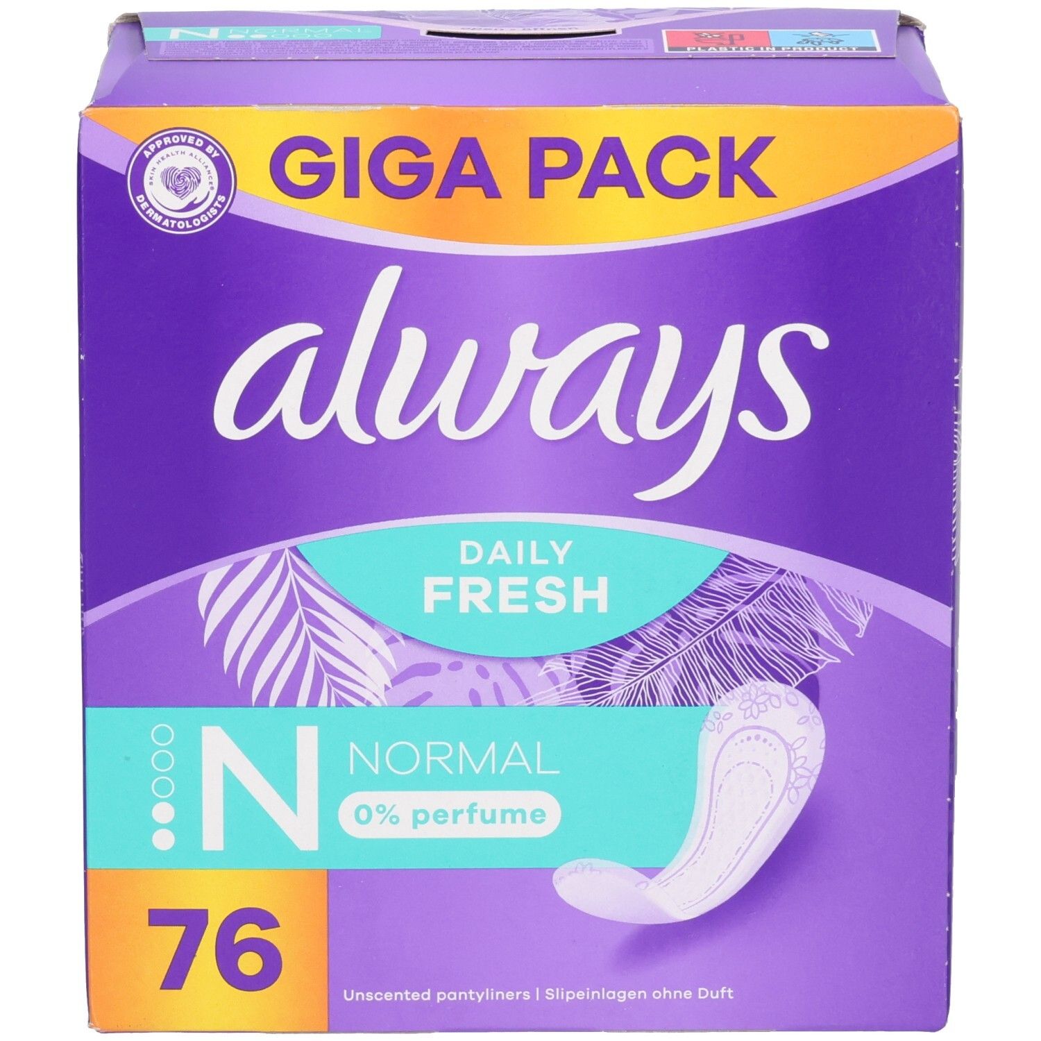 Always Daily Fresh Normal, 76 protège-slips, 0% parfum. Giga Pack avec sceau Dermatologically Approved.