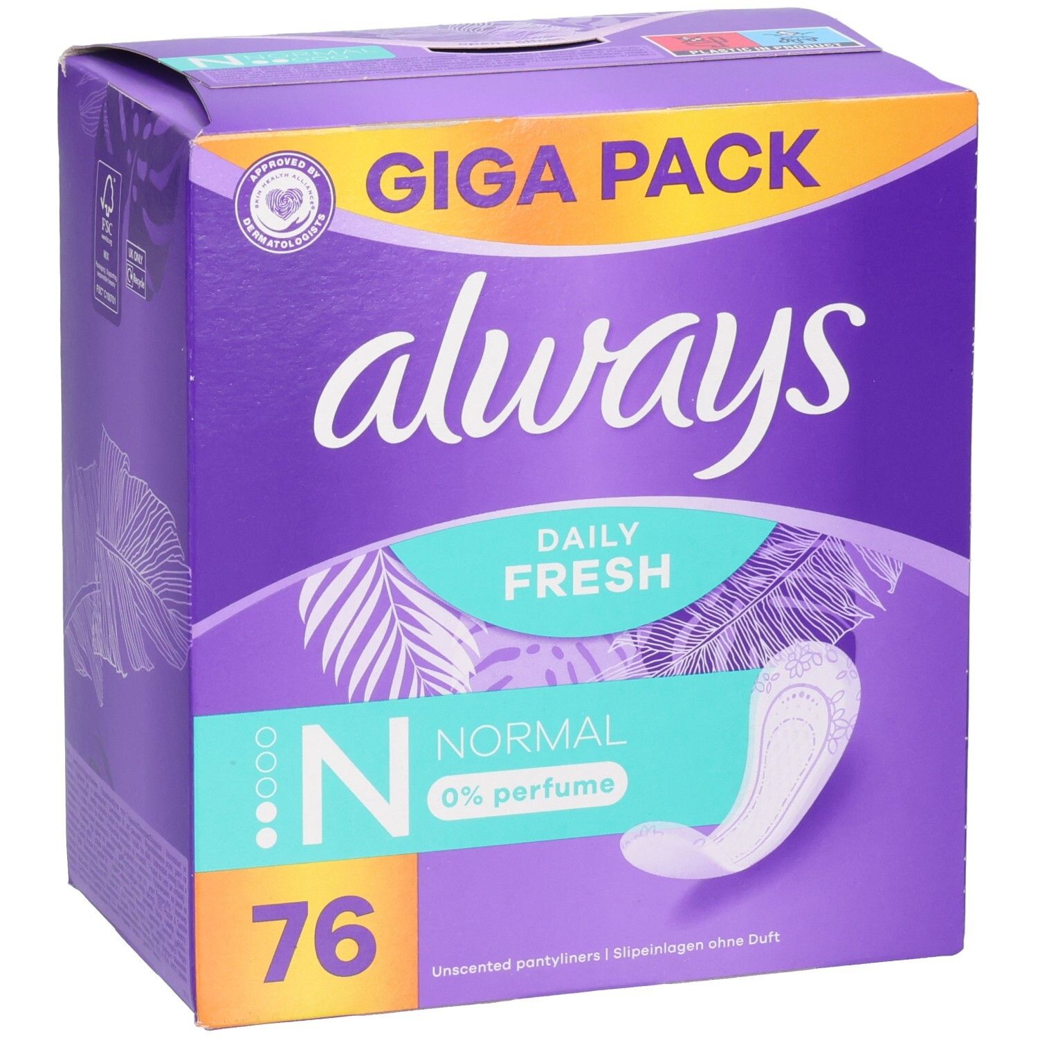 Always Daily Fresh Normal, 76 protège-slips, 0% parfum. Giga Pack.