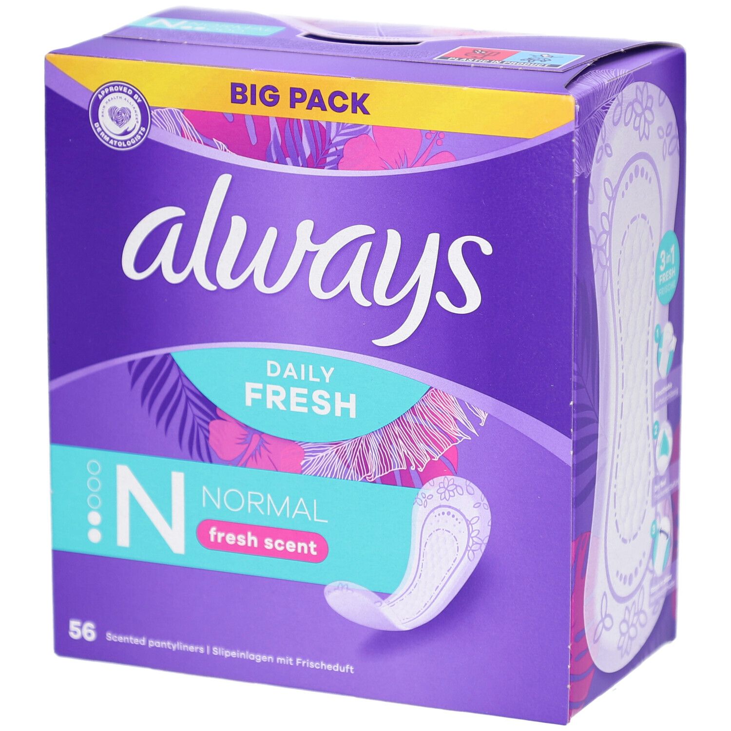 Boîte Always Daily Fresh. Emballage violet avec logo Always, nom du produit et protège-slips. 56 unités.